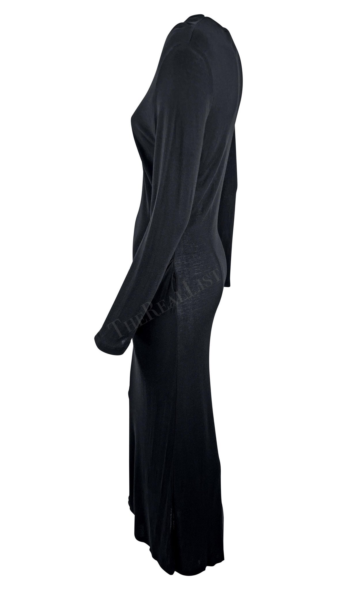 1990s Ann Demeulemeester Semi - Sheer Black Long Sleeve Draped Waist Gown - RealList