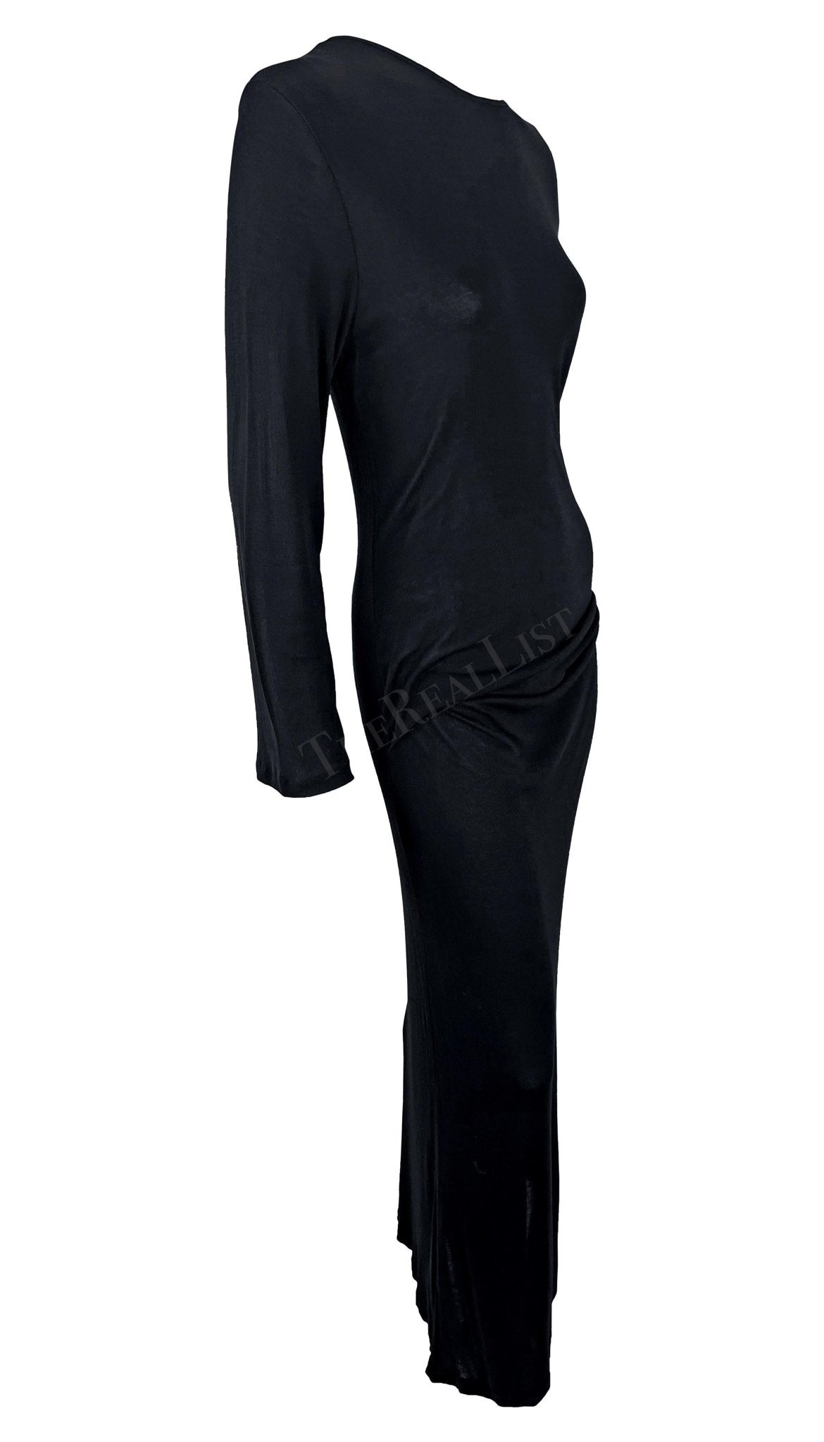 1990s Ann Demeulemeester Semi - Sheer Black Long Sleeve Draped Waist Gown - RealList