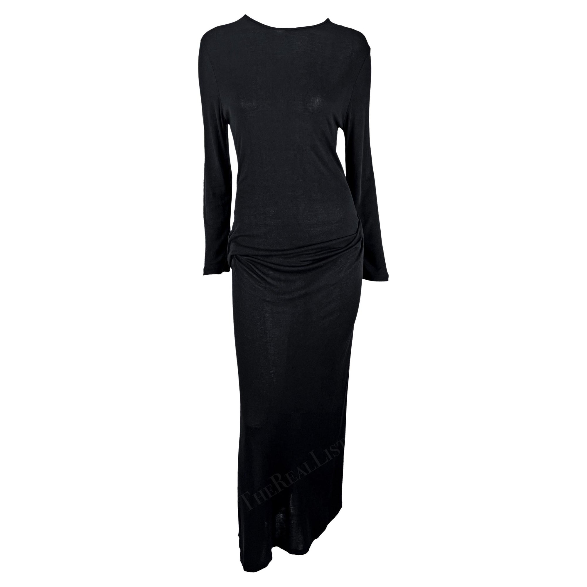 1990s Ann Demeulemeester Semi - Sheer Black Long Sleeve Draped Waist Gown - RealList