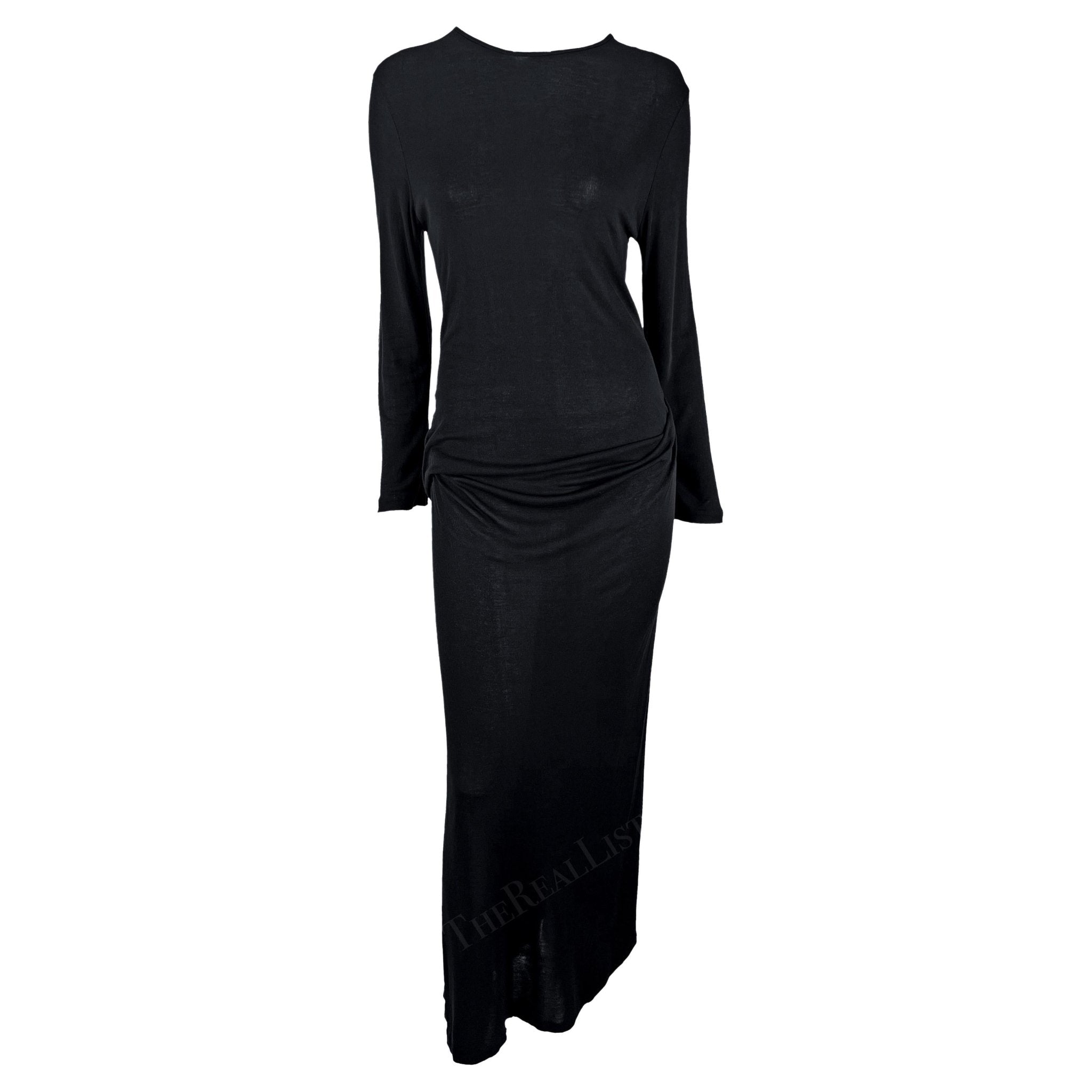 1990s Ann Demeulemeester Semi - Sheer Black Long Sleeve Draped Waist Gown - RealList