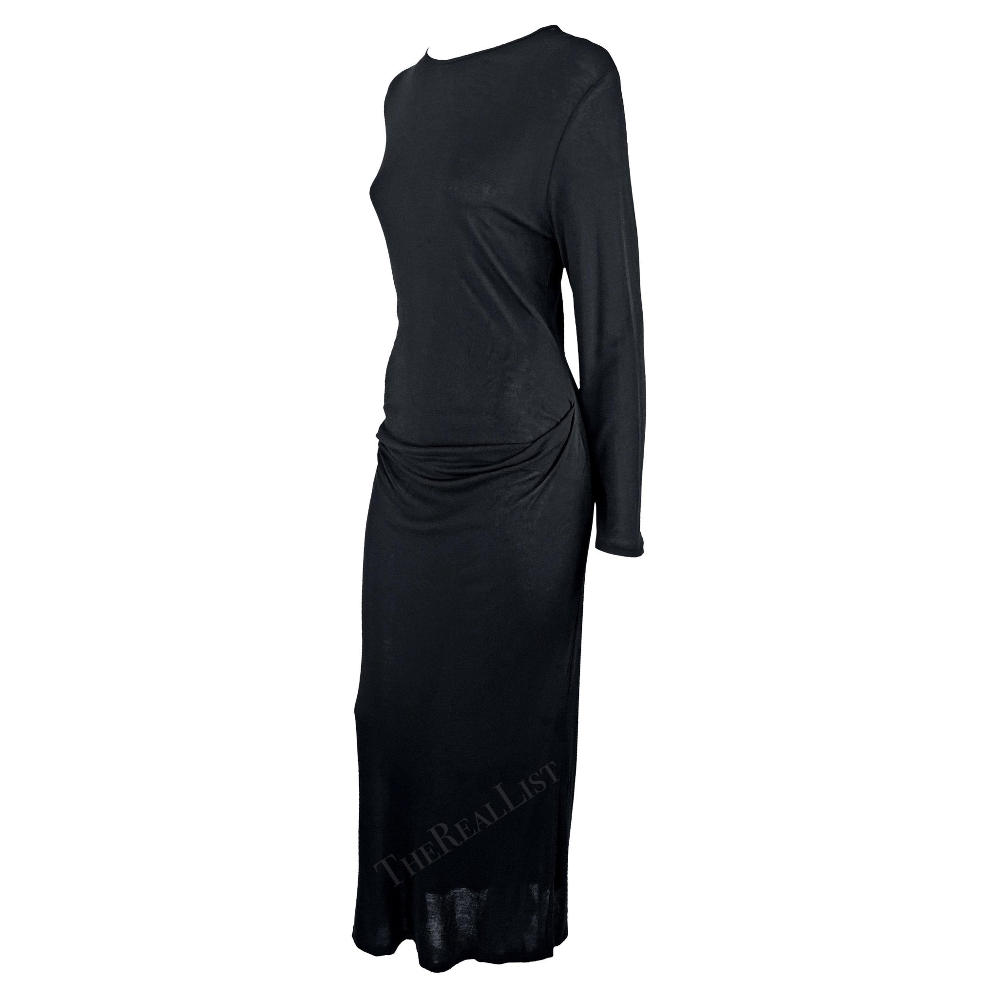 1990s Ann Demeulemeester Semi - Sheer Black Long Sleeve Draped Waist Gown - RealList