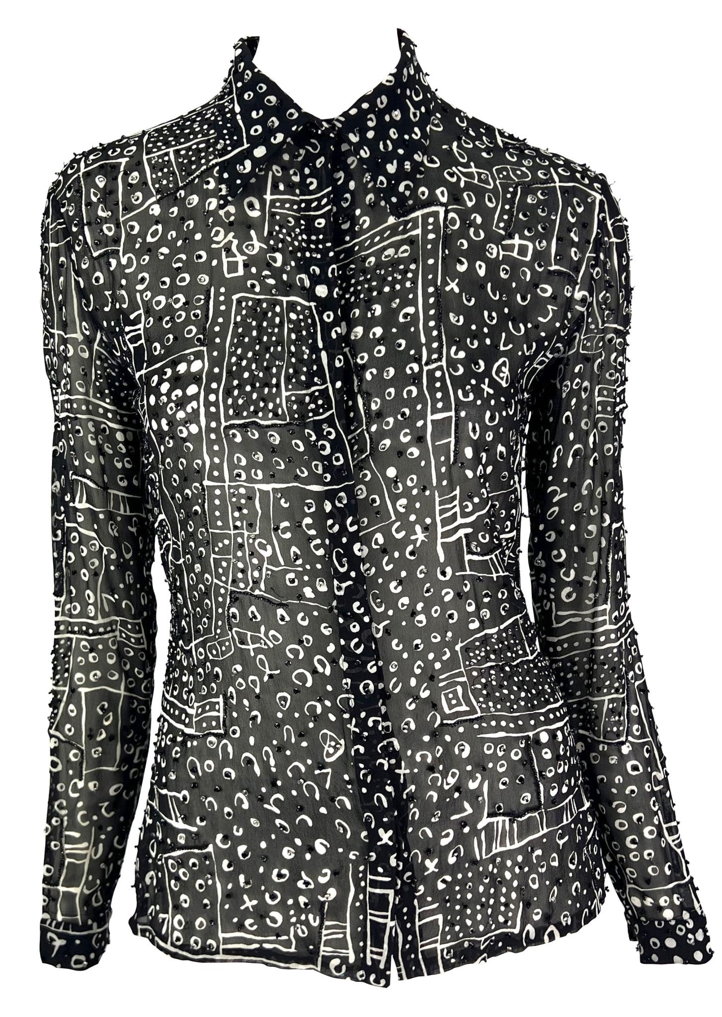 1990s Atelier Versace Black White Abstract Beaded Collared Shirt - RealList