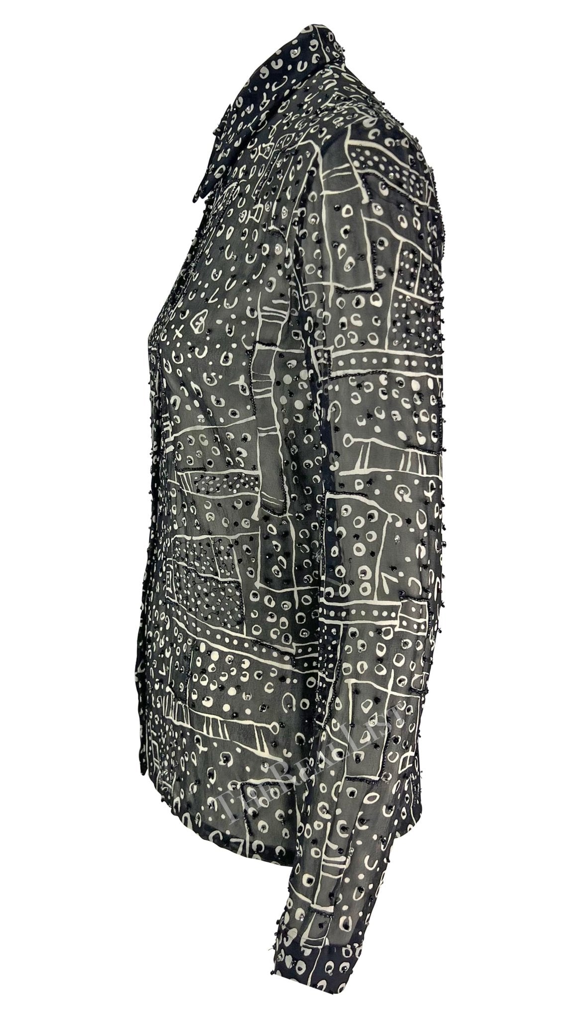 1990s Atelier Versace Black White Abstract Beaded Collared Shirt - RealList