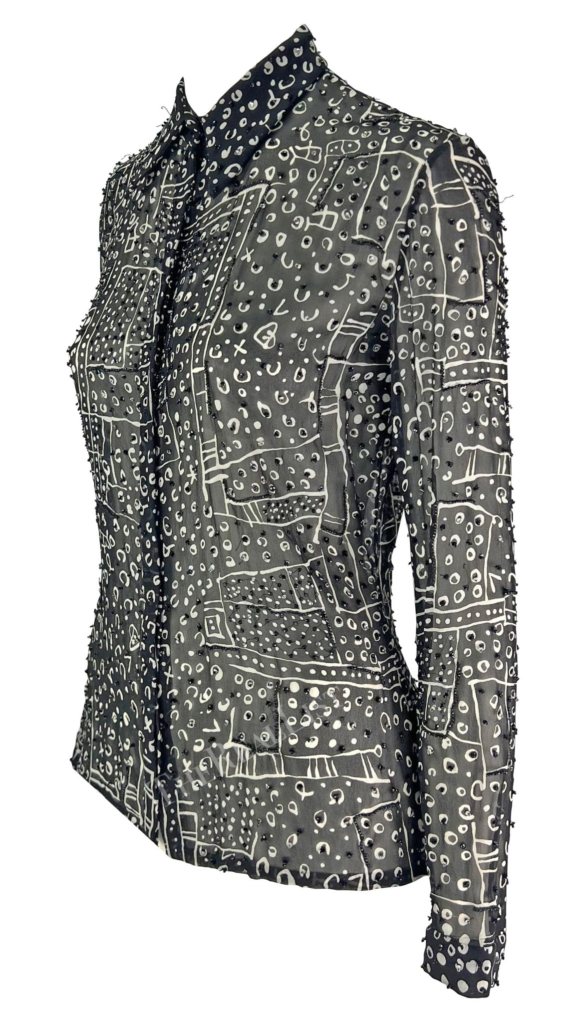 1990s Atelier Versace Black White Abstract Beaded Collared Shirt - RealList