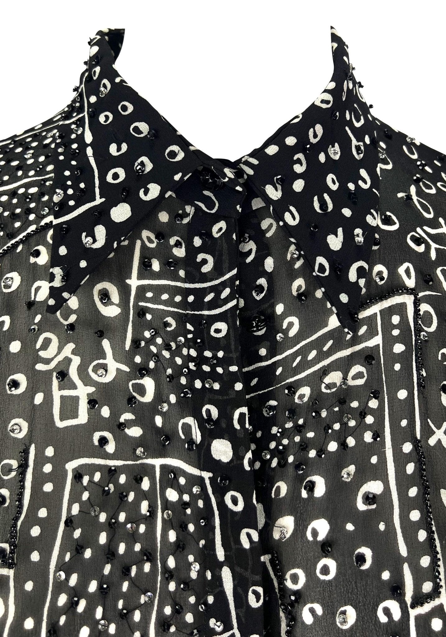 1990s Atelier Versace Black White Abstract Beaded Collared Shirt - RealList