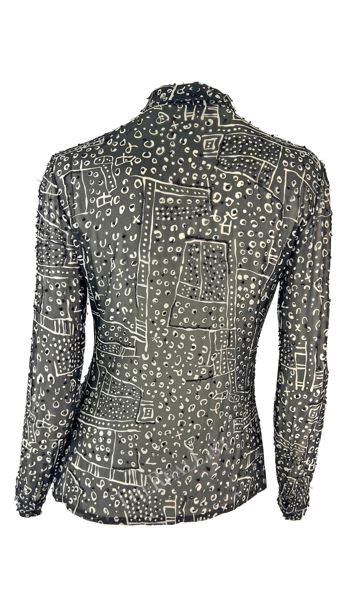 1990s Atelier Versace Black White Abstract Beaded Collared Shirt - RealList