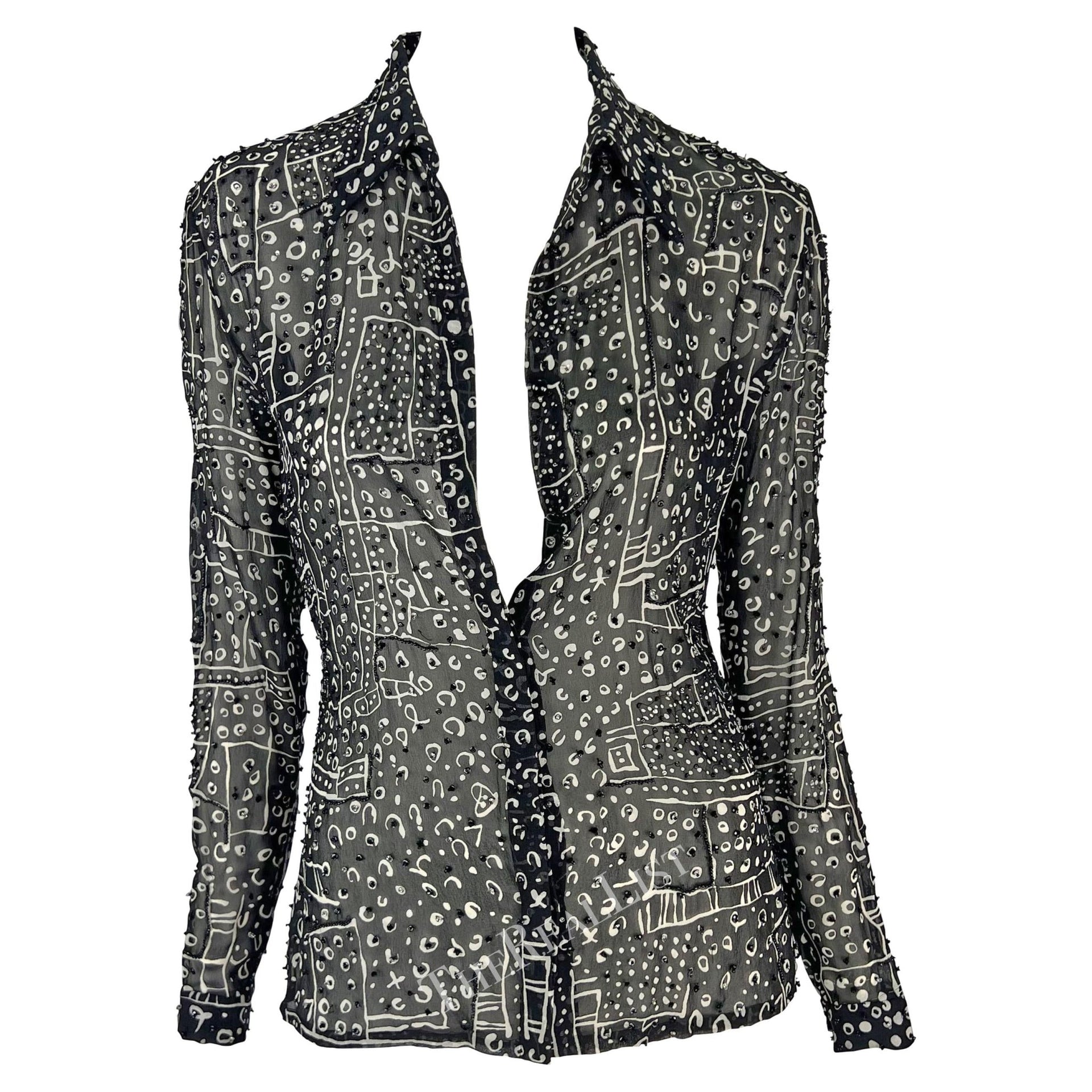 1990s Atelier Versace Black White Abstract Beaded Collared Shirt - RealList
