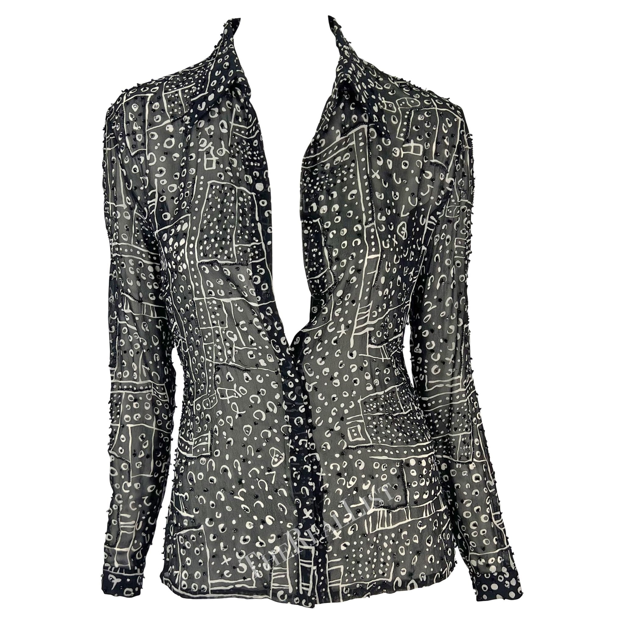 1990s Atelier Versace Black White Abstract Beaded Collared Shirt - RealList