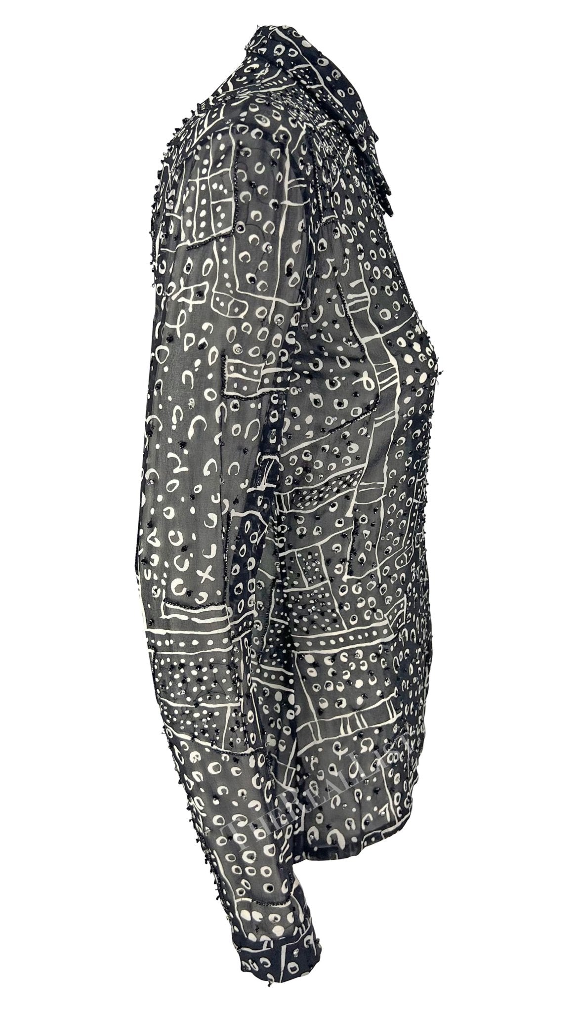 1990s Atelier Versace Black White Abstract Beaded Collared Shirt - RealList