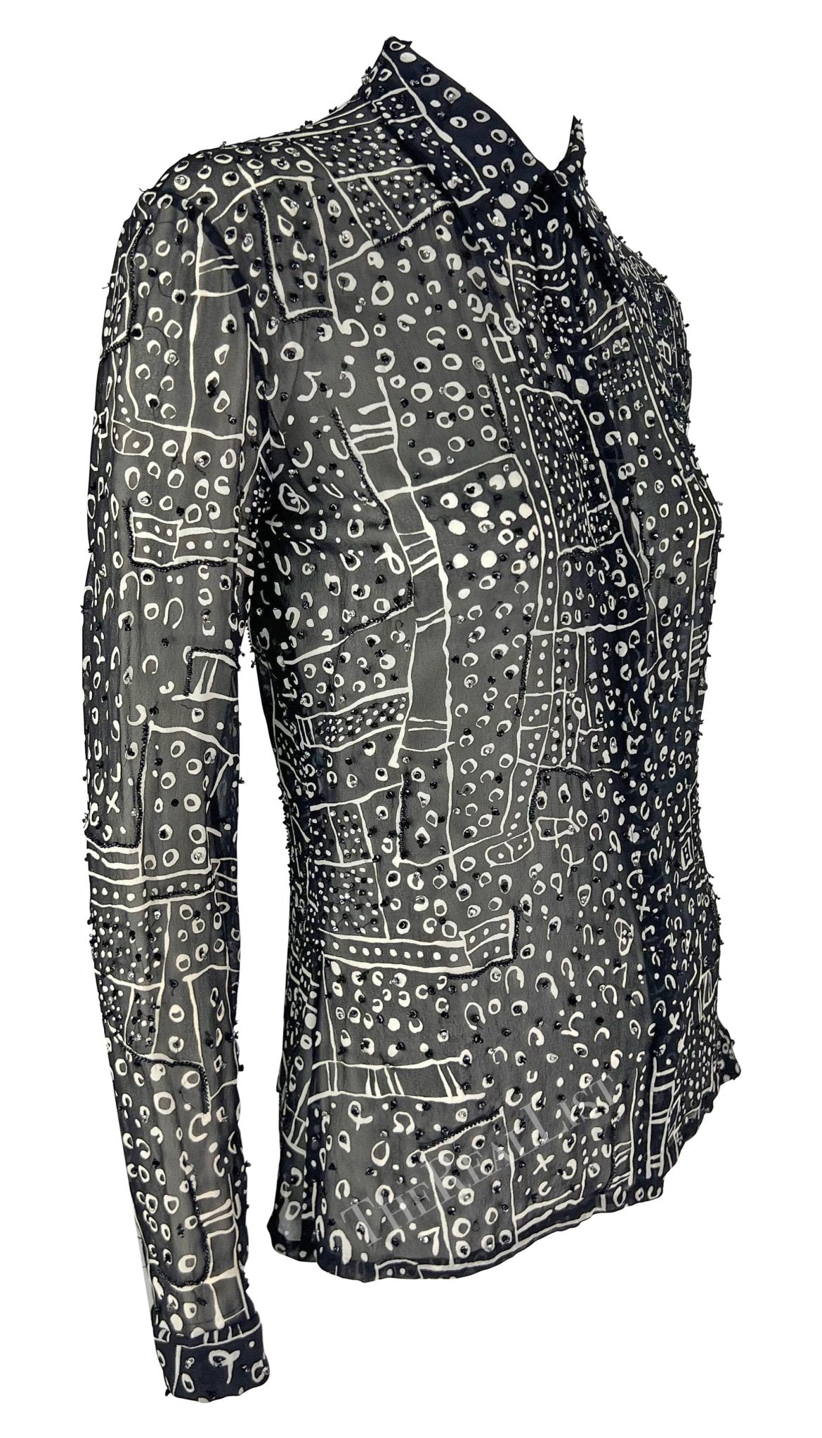 1990s Atelier Versace Black White Abstract Beaded Collared Shirt - RealList