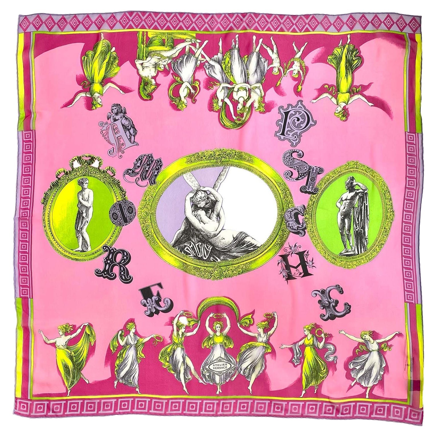1990s Atelier Versace by Gianni Versace Amore Psiche Neon Silk Square Scarf New - RealList