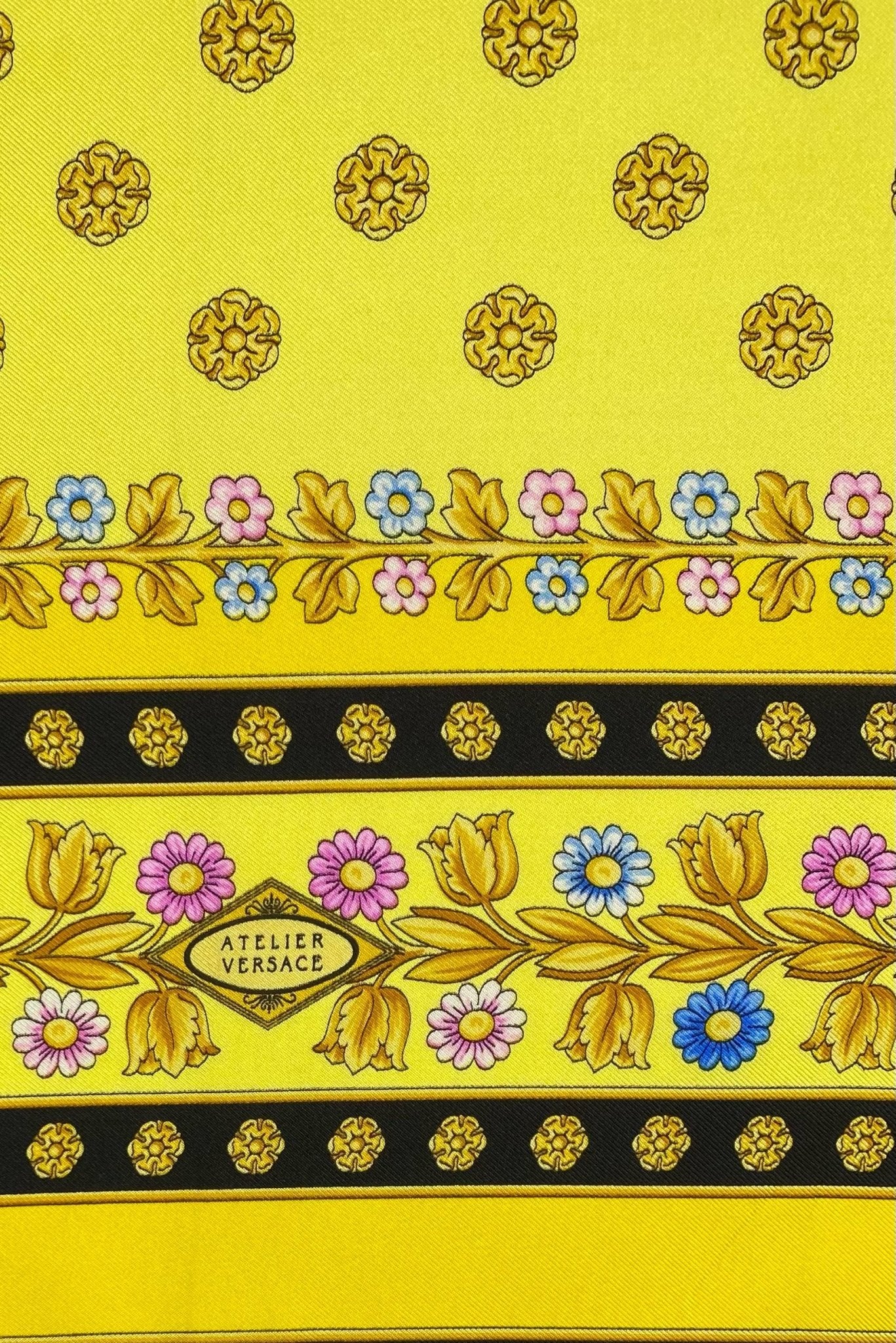 1990s Atelier Versace Yellow Floral Silk Square Scarf - RealList