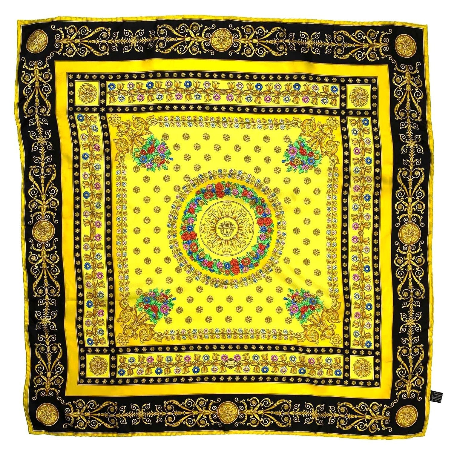 1990s Atelier Versace Yellow Floral Silk Square Scarf - RealList