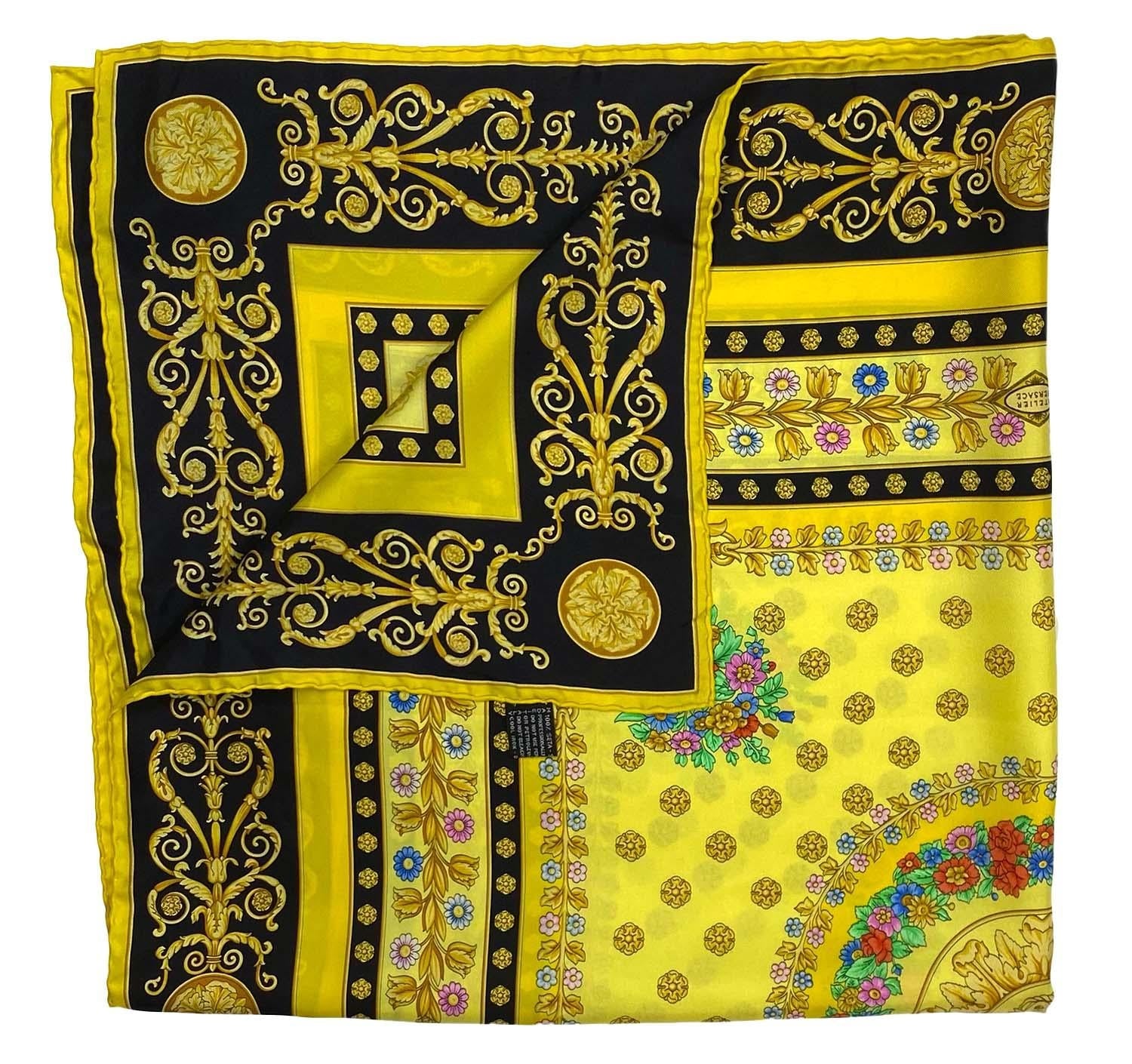 1990s Atelier Versace Yellow Floral Silk Square Scarf - RealList