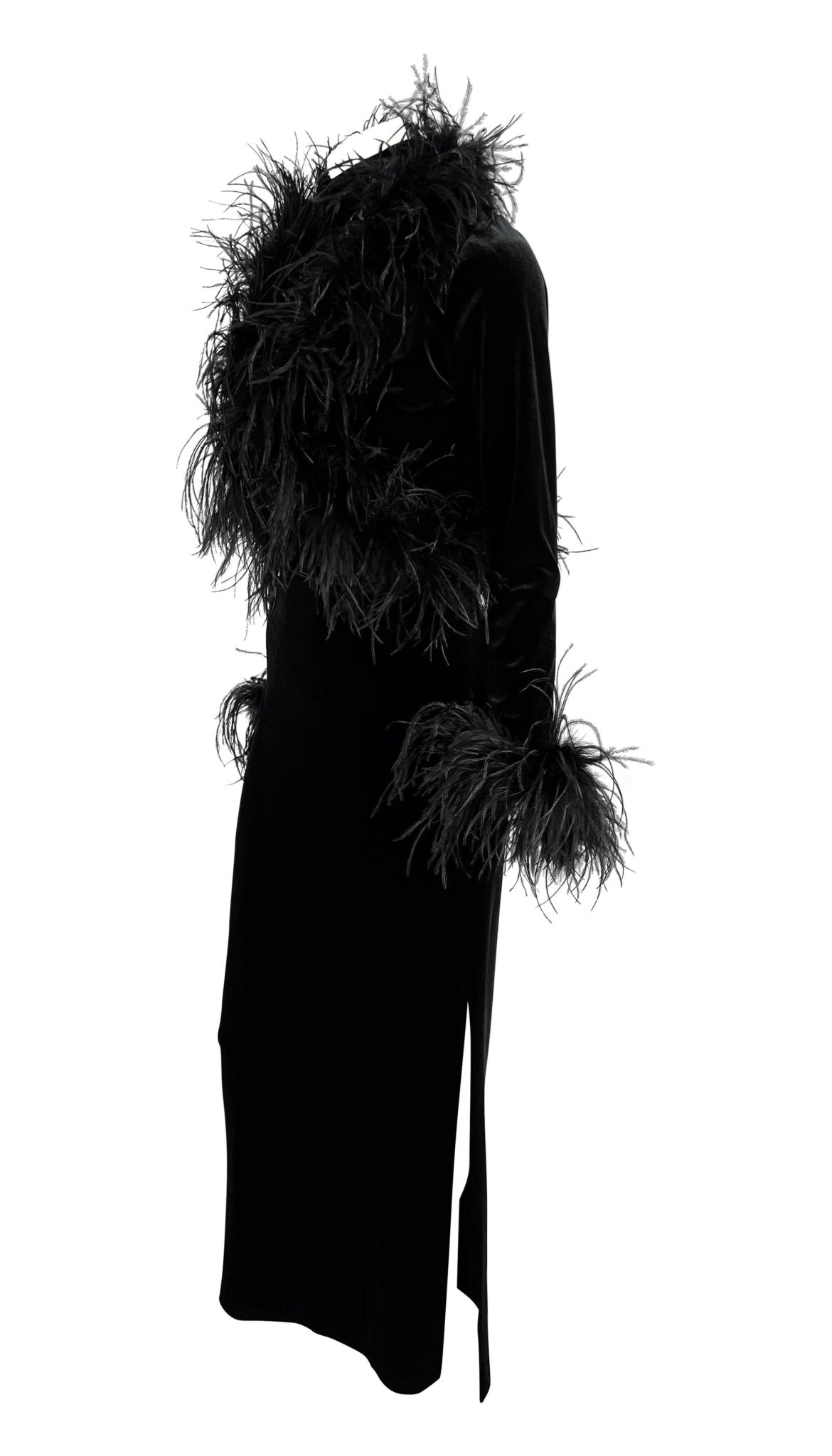 1990s Bob Mackie Marabou Ostrich Feather Trim Black Velvet Sleeveless Dress Set - RealList