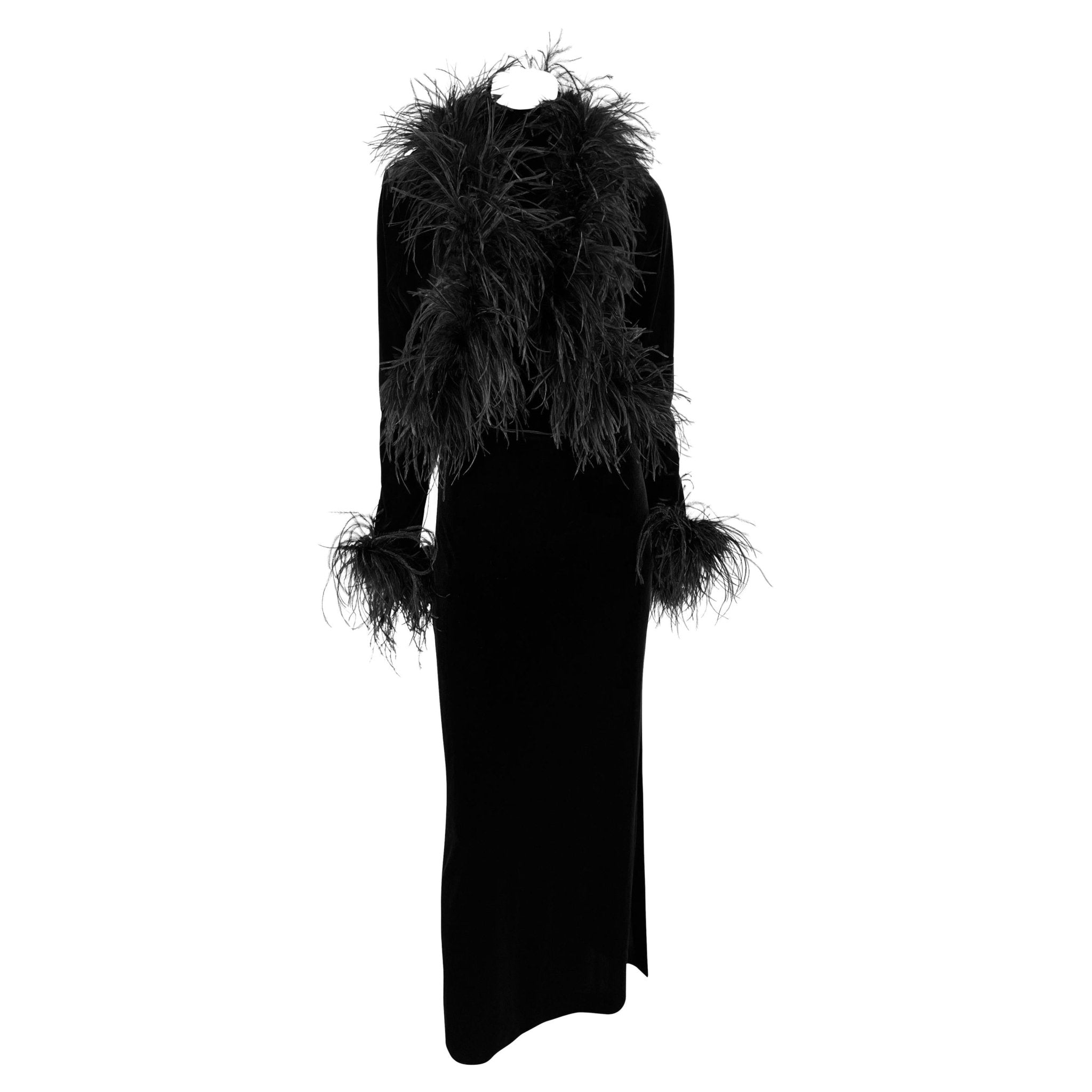 1990s Bob Mackie Marabou Ostrich Feather Trim Black Velvet Sleeveless Dress Set - RealList