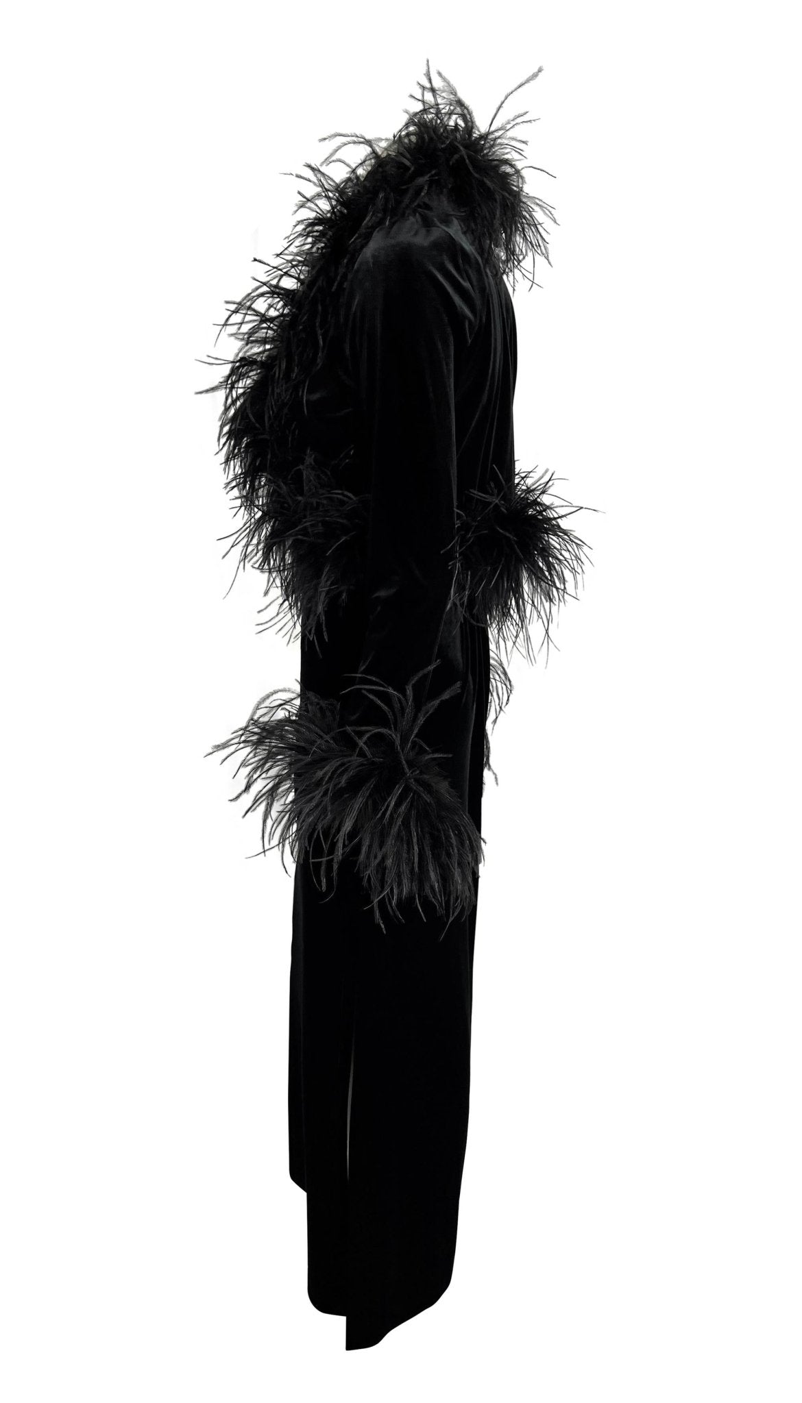 1990s Bob Mackie Marabou Ostrich Feather Trim Black Velvet Sleeveless Dress Set - RealList