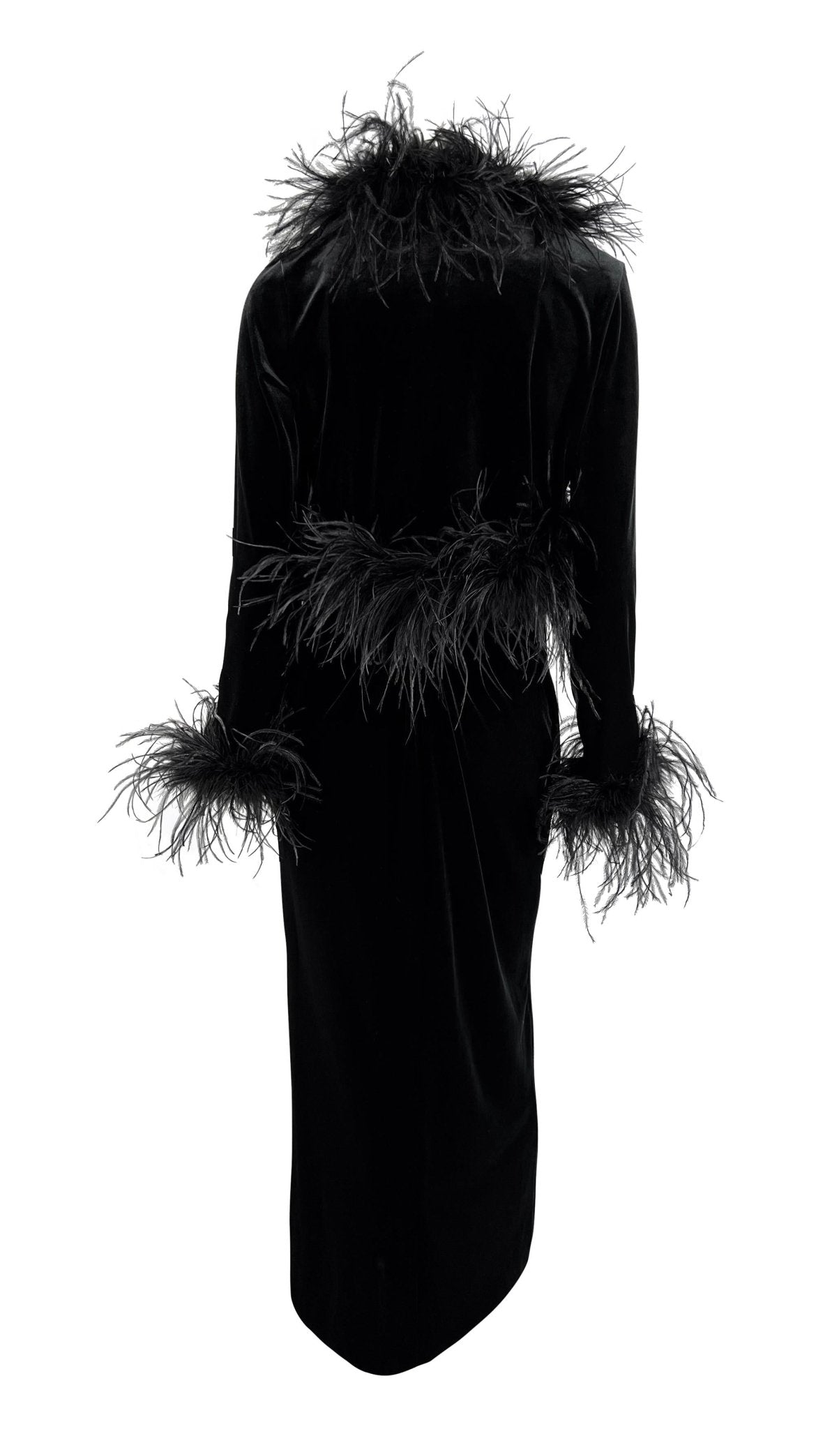 1990s Bob Mackie Marabou Ostrich Feather Trim Black Velvet Sleeveless Dress Set - RealList