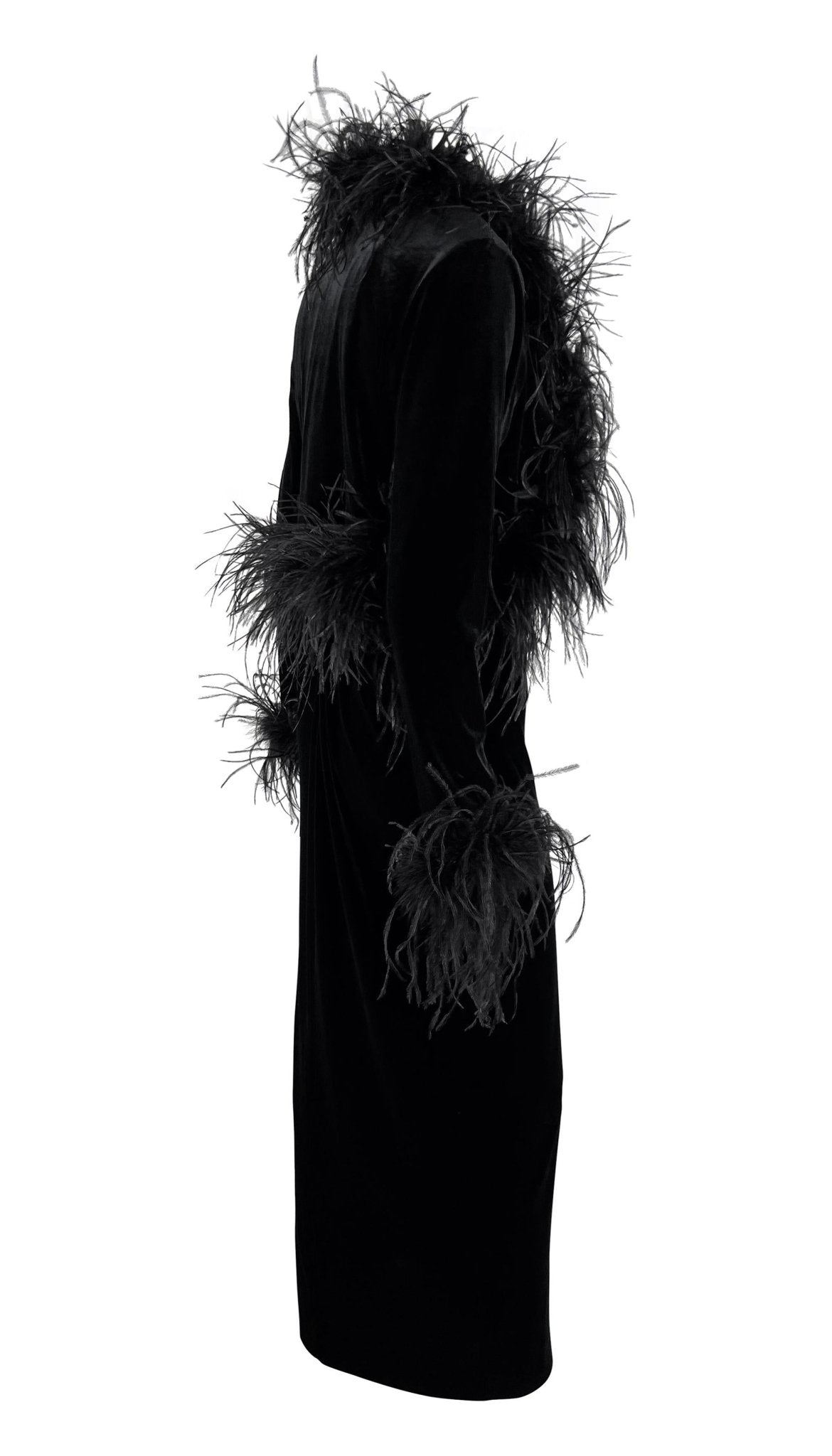 1990s Bob Mackie Marabou Ostrich Feather Trim Black Velvet Sleeveless Dress Set - RealList