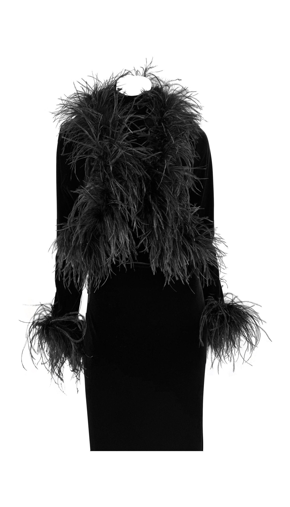 1990s Bob Mackie Marabou Ostrich Feather Trim Black Velvet Sleeveless Dress Set - RealList