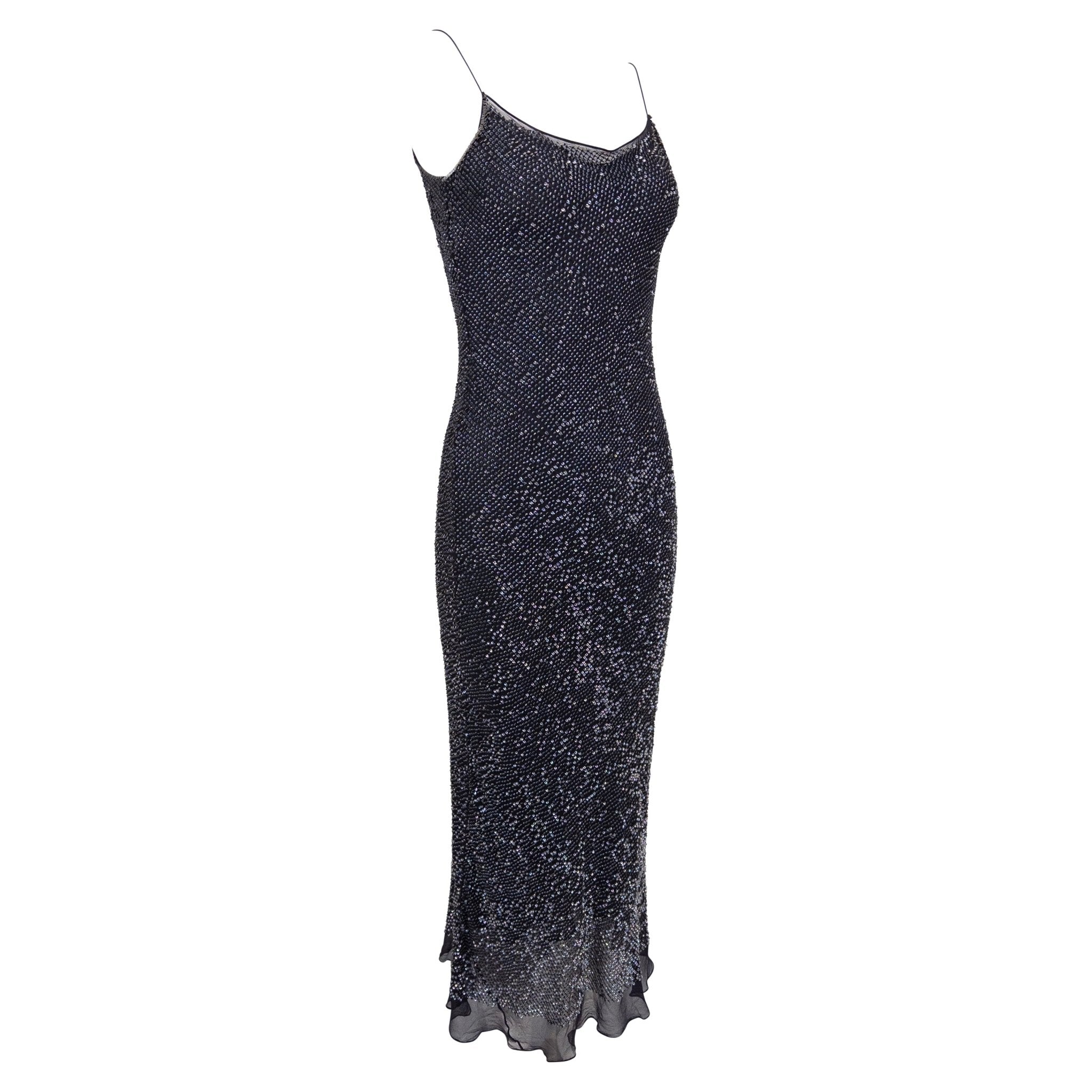 1990s Calvin Klein Collection Navy Sequin Sheer Chiffon Slip Dress - RealList