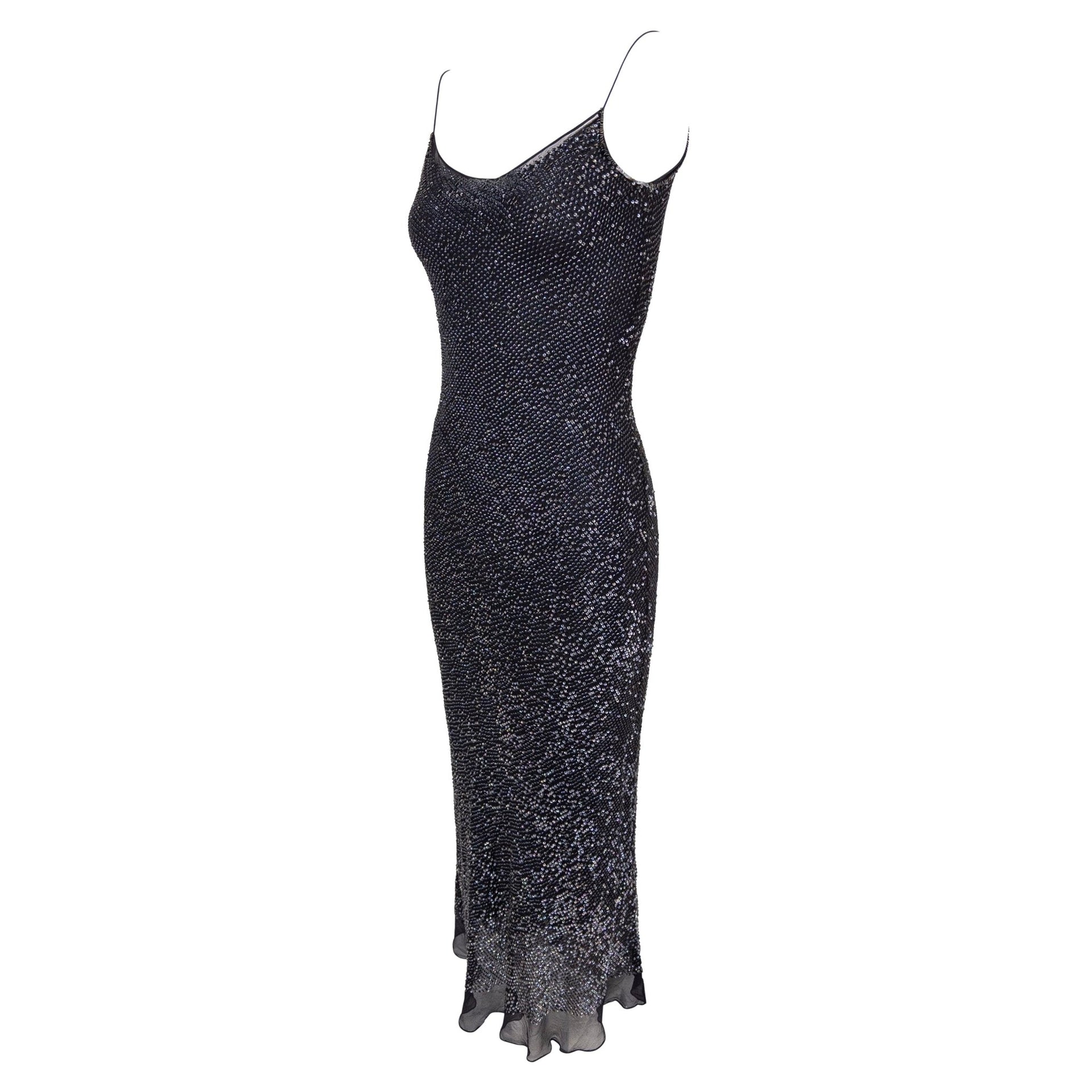 1990s Calvin Klein Collection Navy Sequin Sheer Chiffon Slip Dress - RealList
