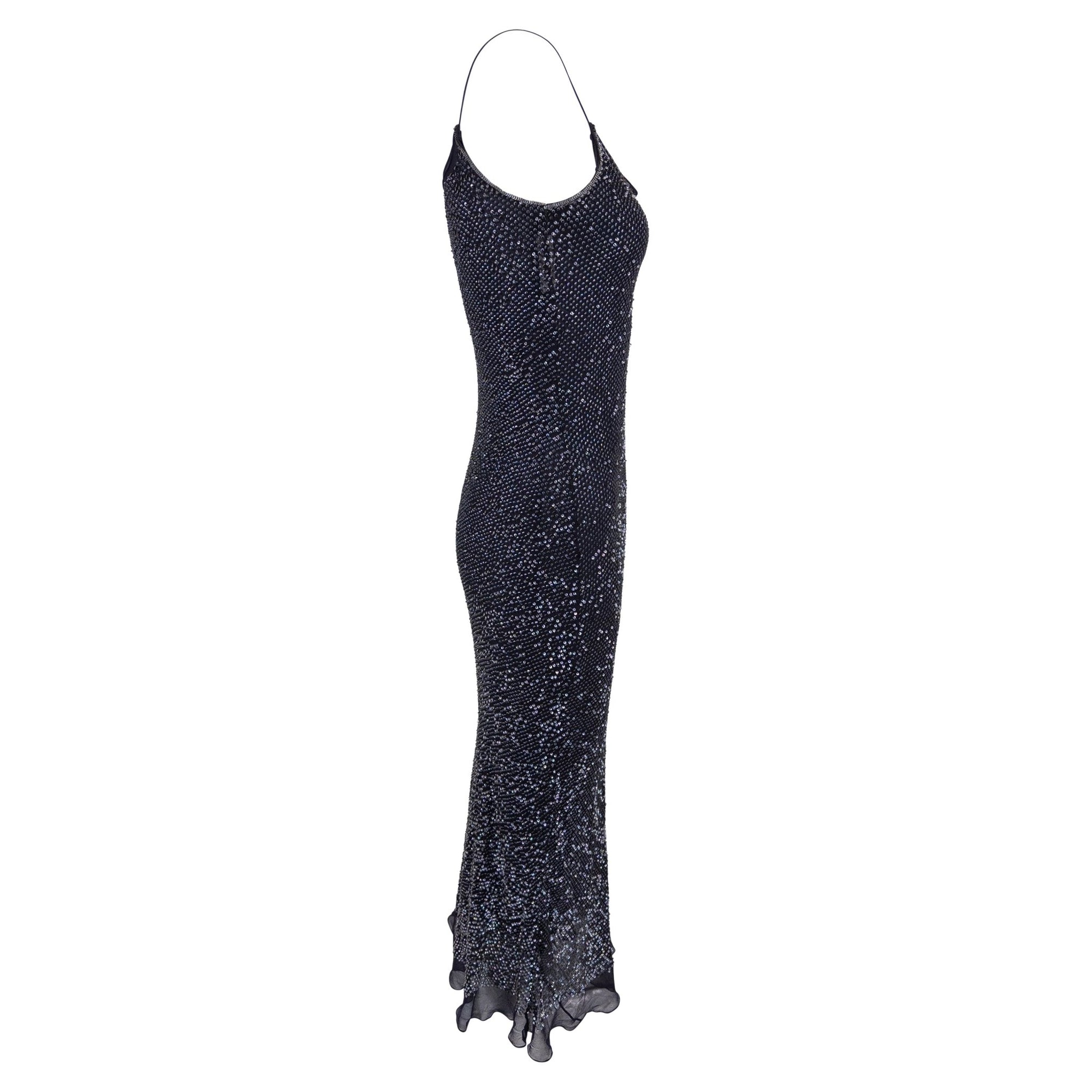 1990s Calvin Klein Collection Navy Sequin Sheer Chiffon Slip Dress - RealList