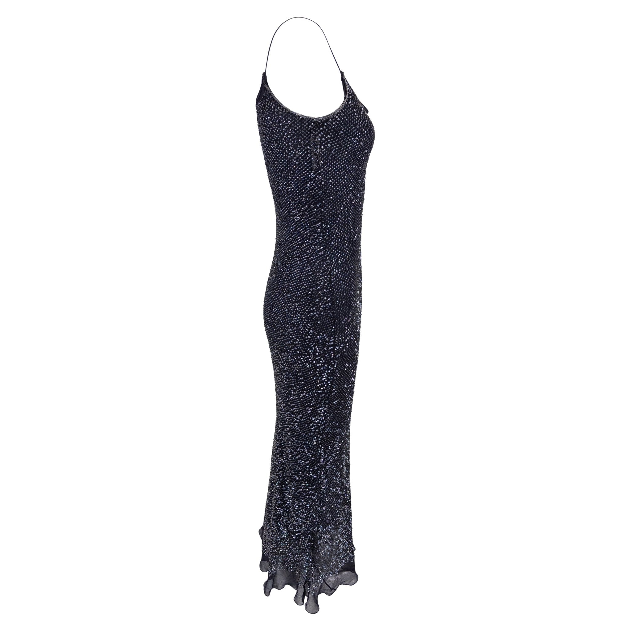 1990s Calvin Klein Collection Navy Sequin Sheer Chiffon Slip Dress - RealList