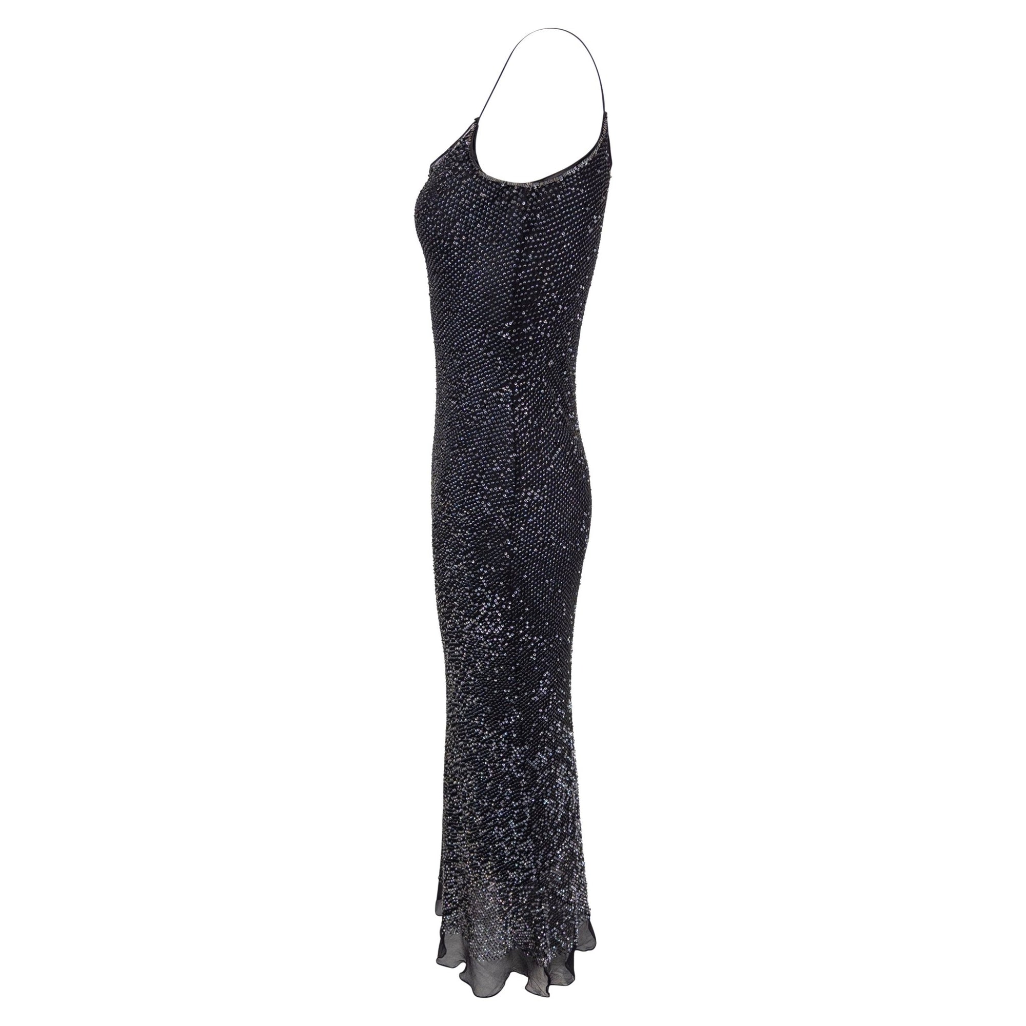 1990s Calvin Klein Collection Navy Sequin Sheer Chiffon Slip Dress - RealList