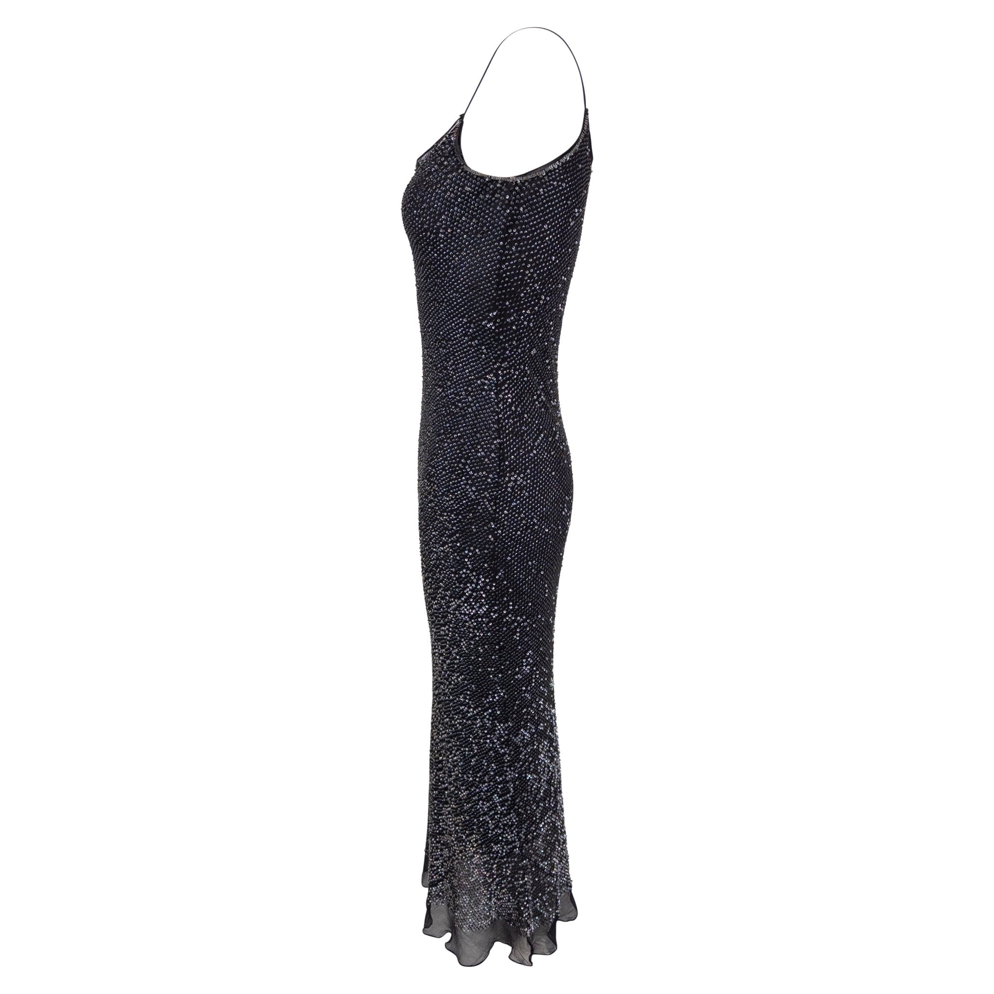 1990s Calvin Klein Collection Navy Sequin Sheer Chiffon Slip Dress - RealList
