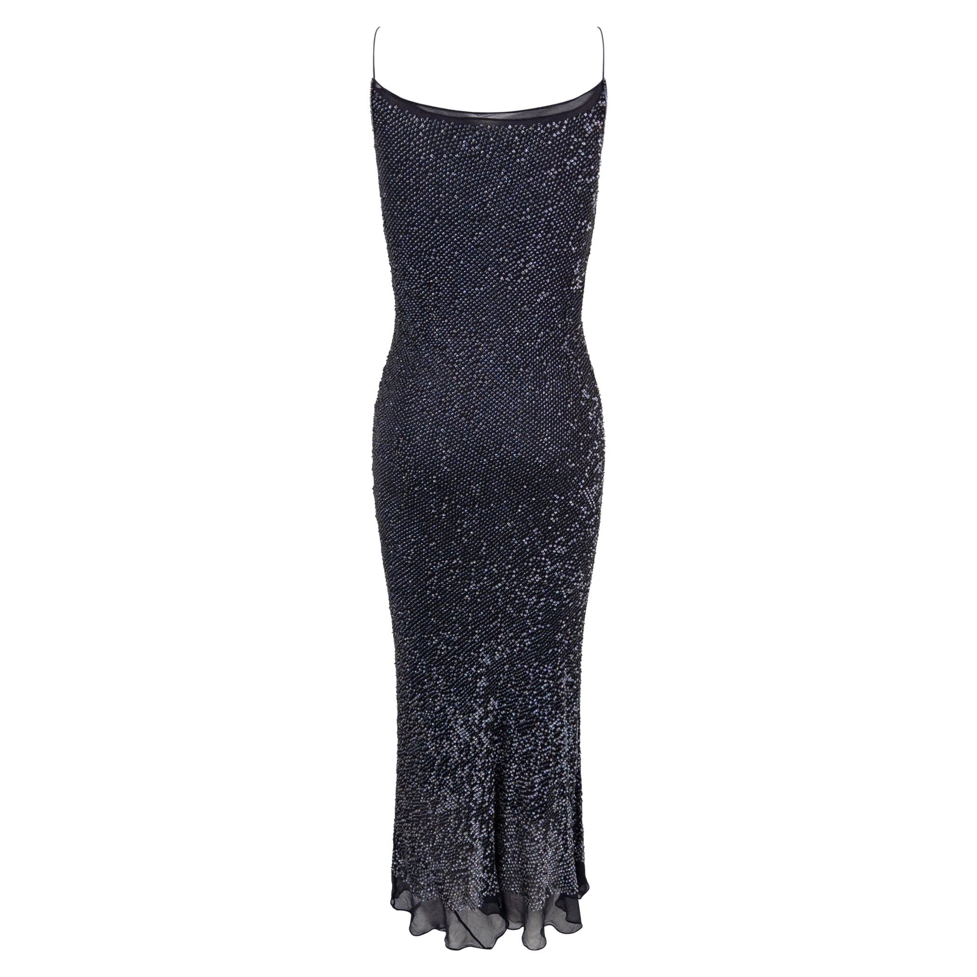 1990s Calvin Klein Collection Navy Sequin Sheer Chiffon Slip Dress - RealList