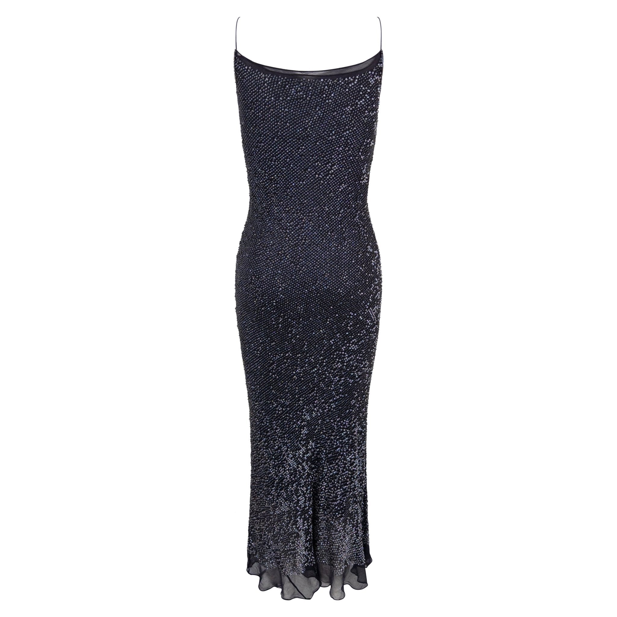 1990s Calvin Klein Collection Navy Sequin Sheer Chiffon Slip Dress - RealList