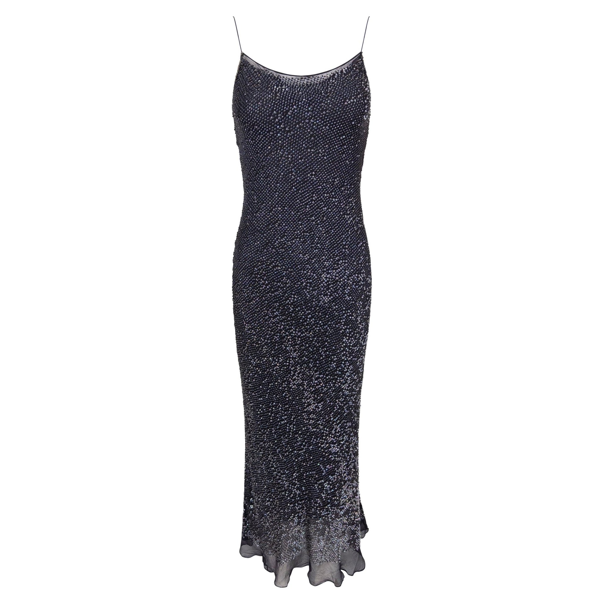 1990s Calvin Klein Collection Navy Sequin Sheer Chiffon Slip Dress - RealList