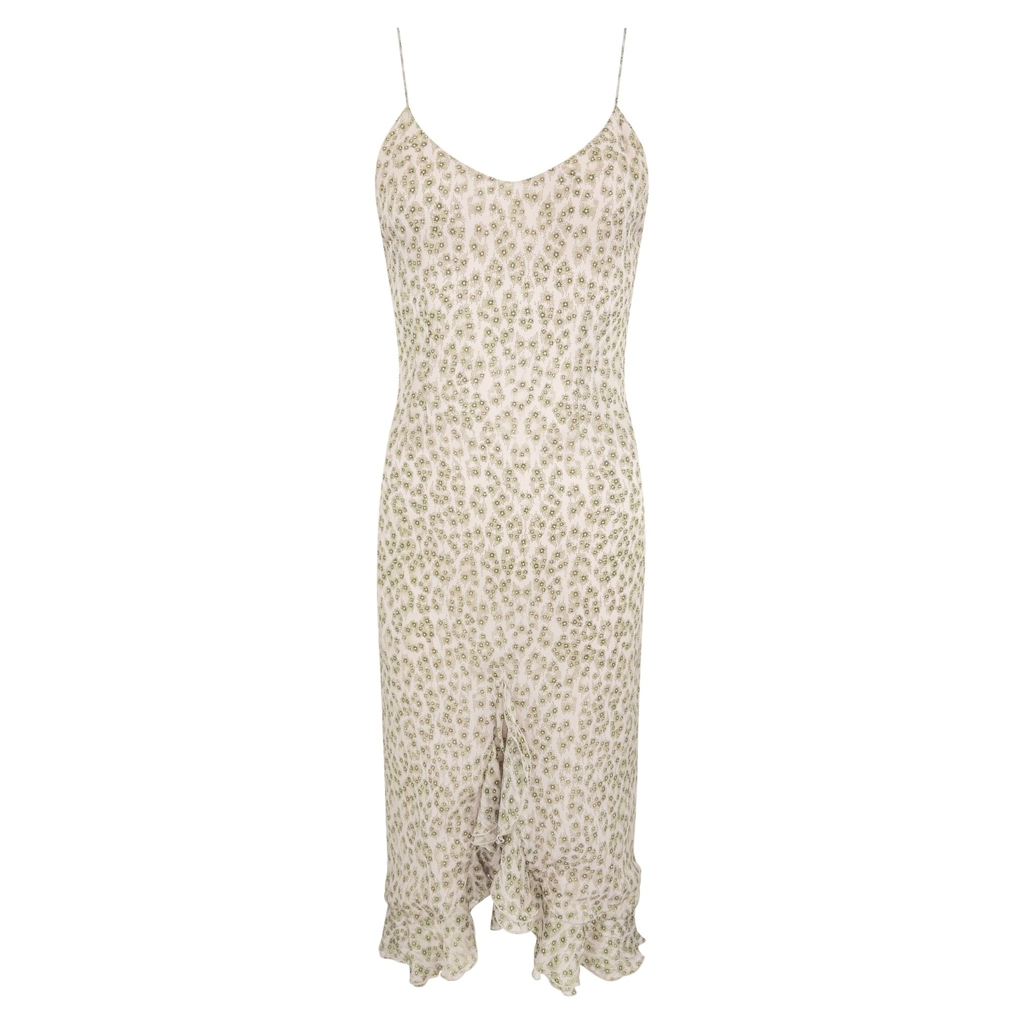1990s Chloé by Stella McCartney Pink Silk Ruffled Green Floral Midi Dress - RealList