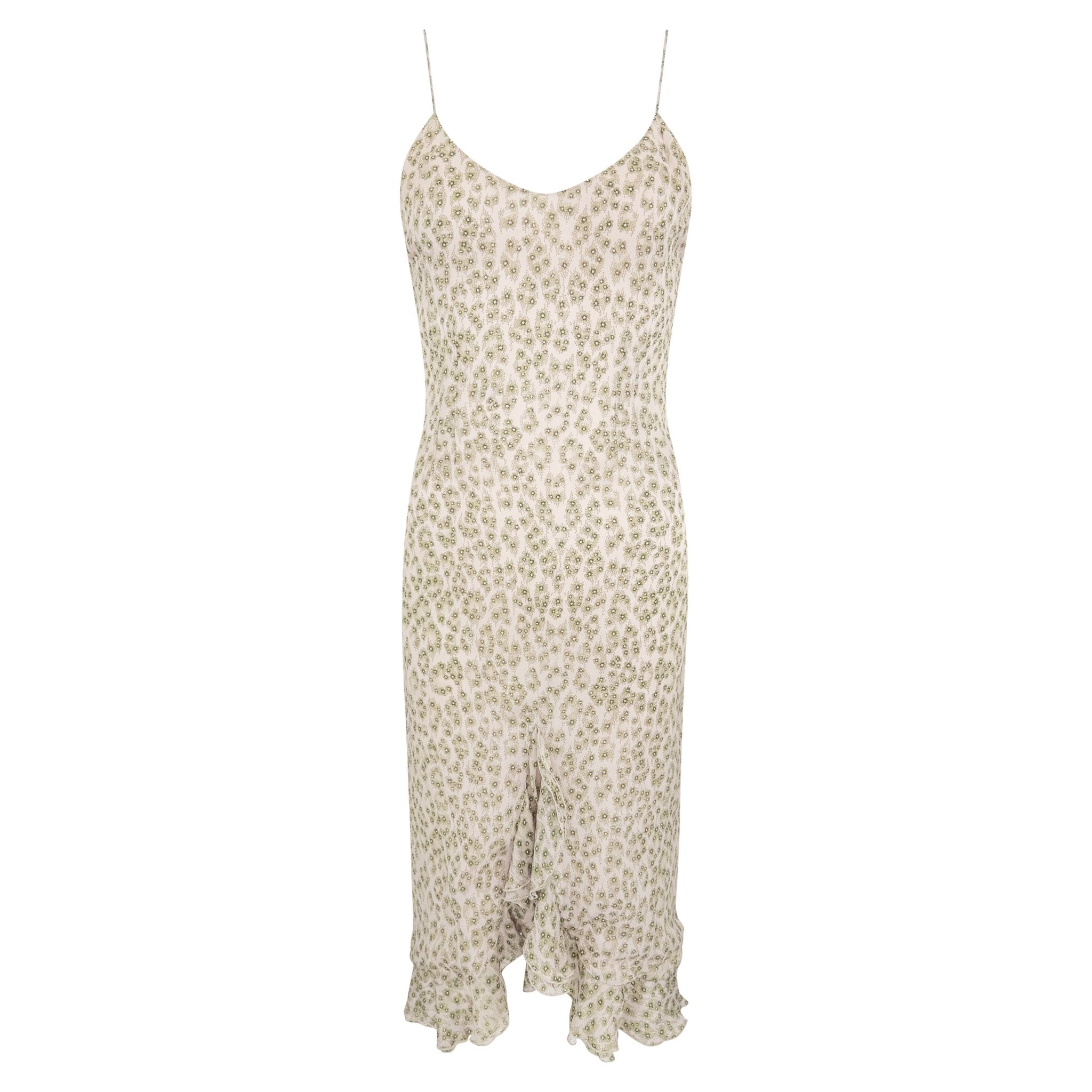 1990s Chloé by Stella McCartney Pink Silk Ruffled Green Floral Midi Dress - RealList