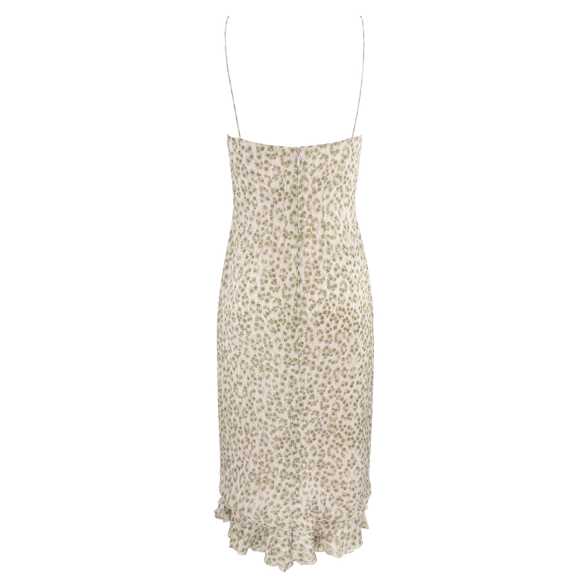 1990s Chloé by Stella McCartney Pink Silk Ruffled Green Floral Midi Dress - RealList