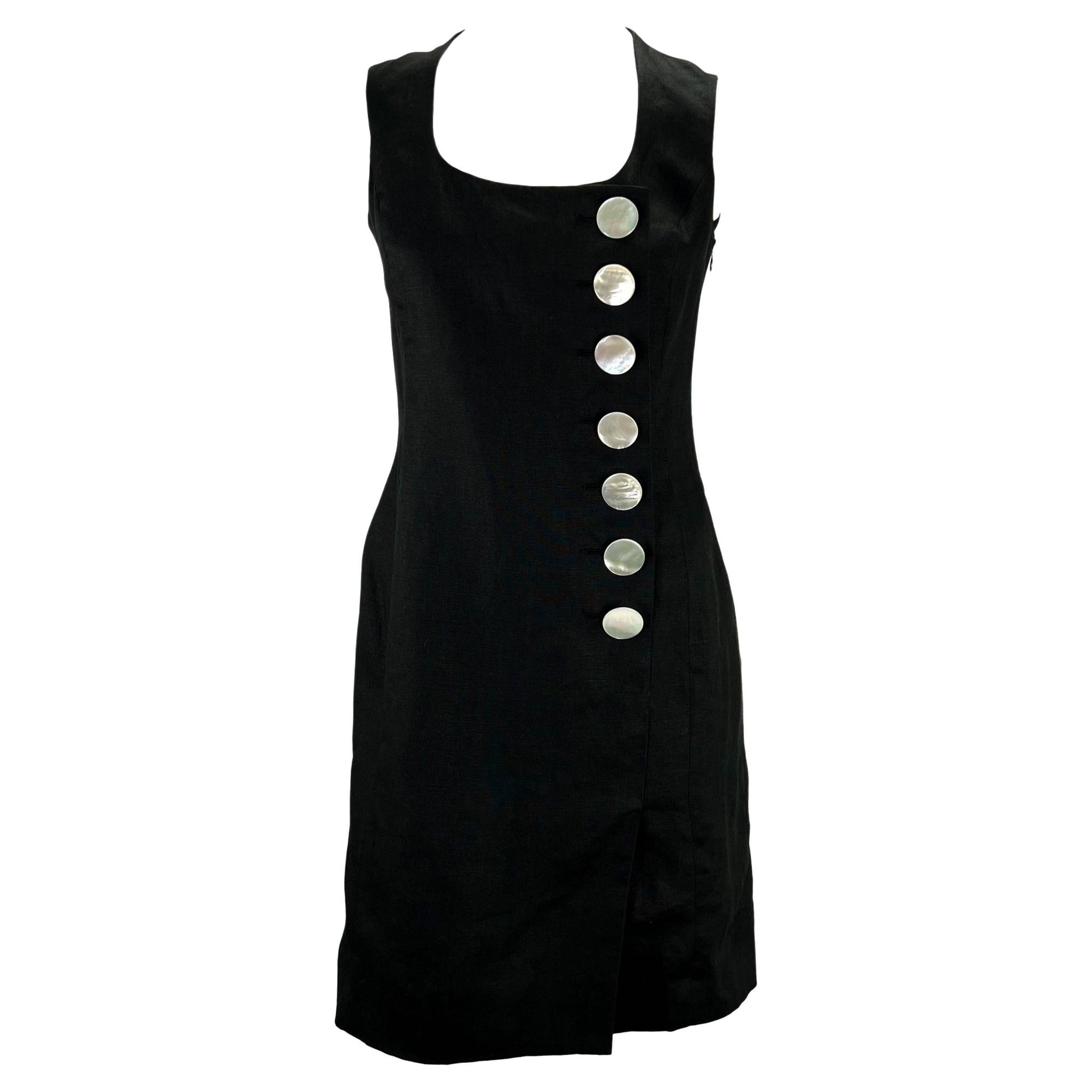 1990s Christian Dior by Gianfranco Ferré Black Linen Sleeveless Button Dress - RealList