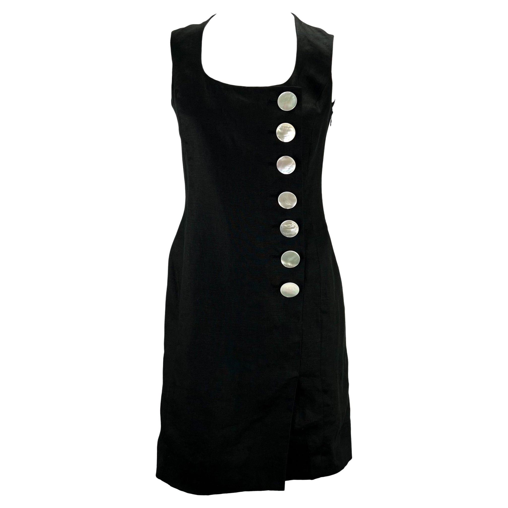1990s Christian Dior by Gianfranco Ferré Black Linen Sleeveless Button Dress - RealList