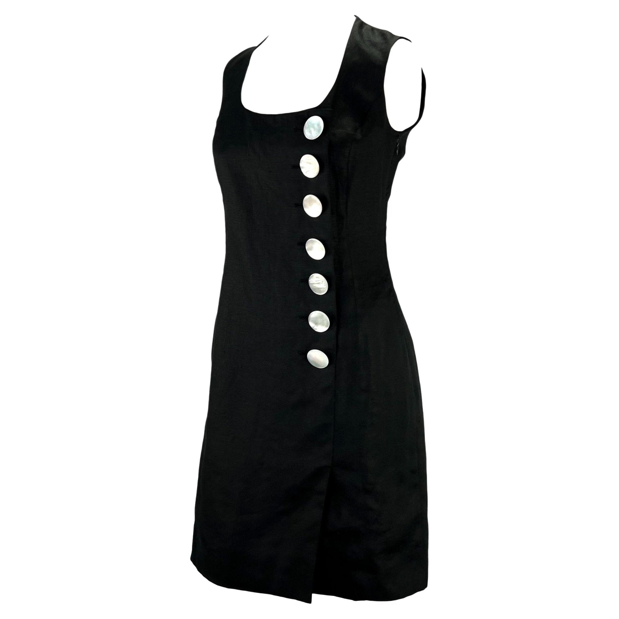 1990s Christian Dior by Gianfranco Ferré Black Linen Sleeveless Button Dress - RealList