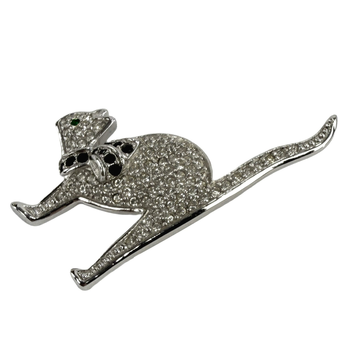 1990s Christian Dior Rhinestone Pussycat Silver - Tone Brooch - RealList
