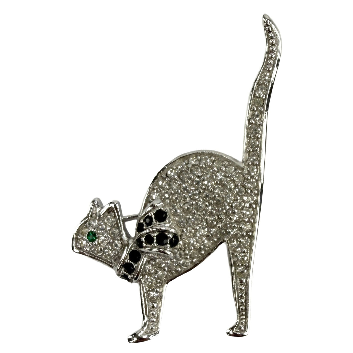1990s Christian Dior Rhinestone Pussycat Silver - Tone Brooch - RealList