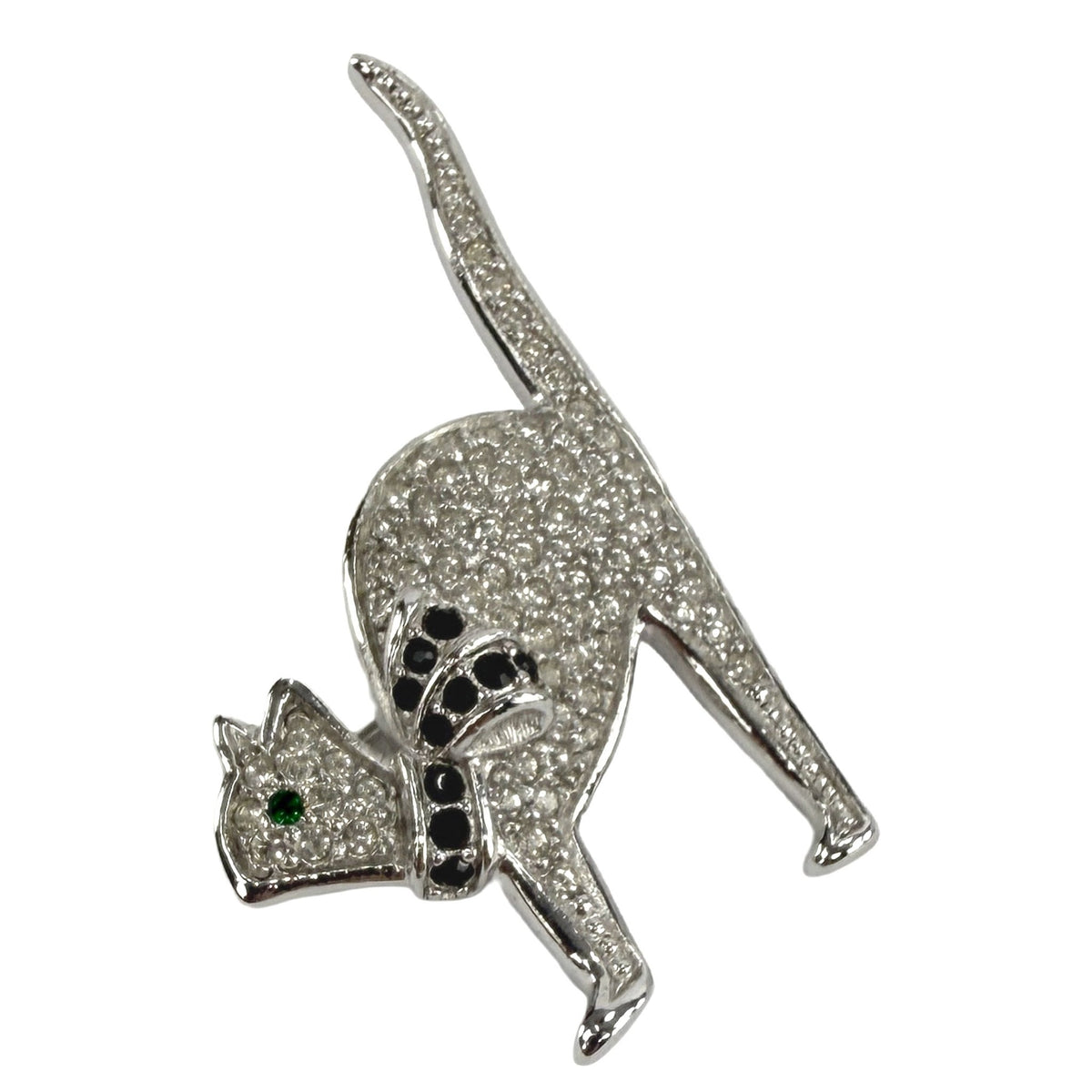 1990s Christian Dior Rhinestone Pussycat Silver - Tone Brooch - RealList