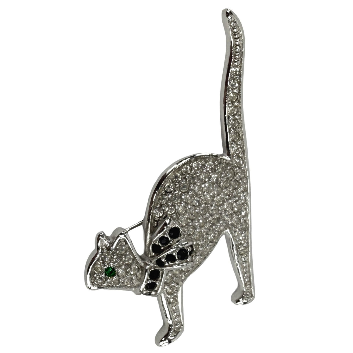 1990s Christian Dior Rhinestone Pussycat Silver - Tone Brooch - RealList