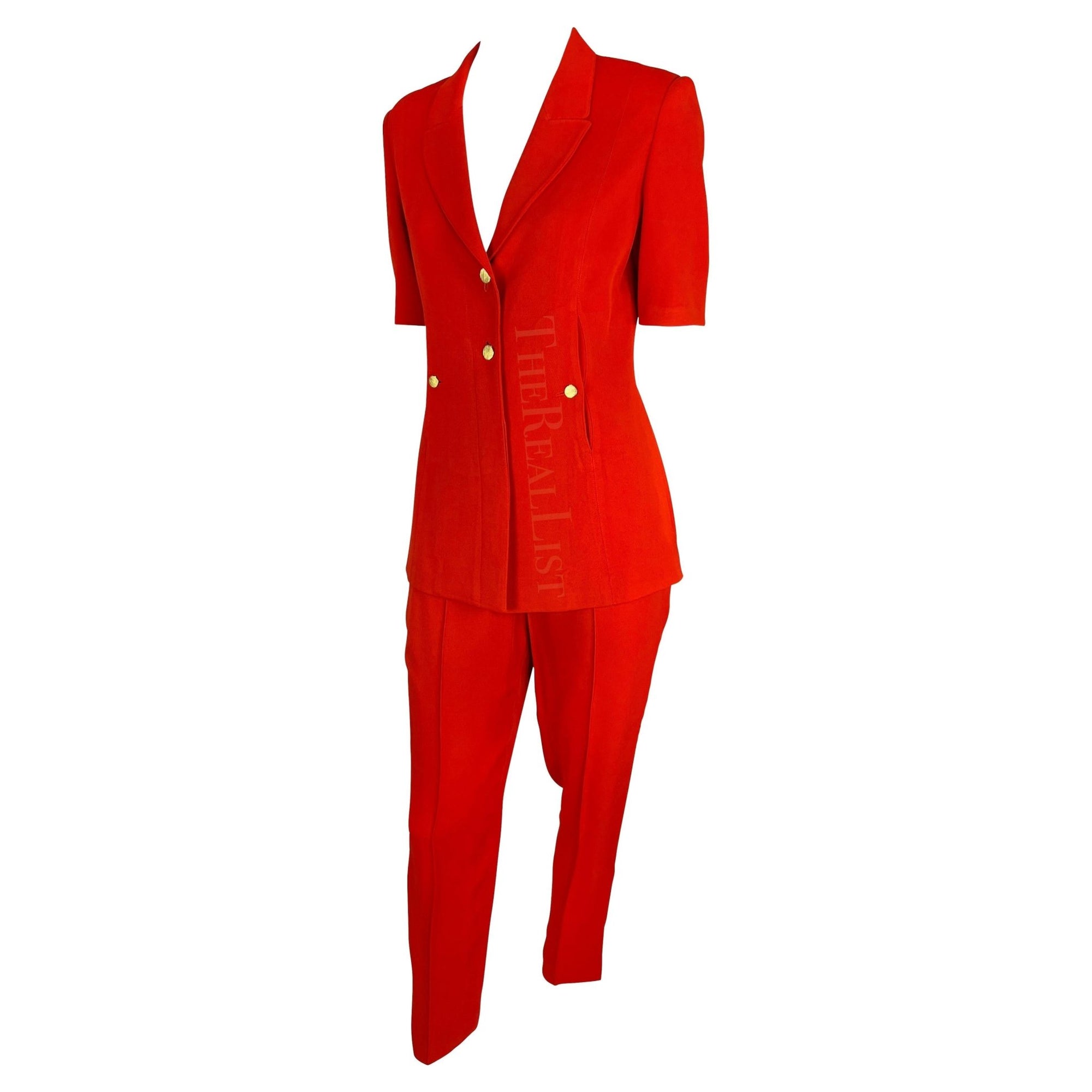 1990s Claude Montana Bright Red Belted Short Sleeve Pantsuit - RealList