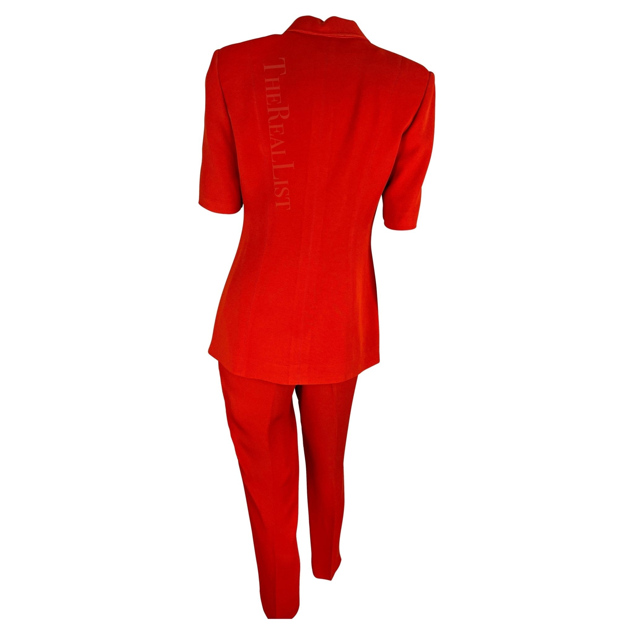 1990s Claude Montana Bright Red Belted Short Sleeve Pantsuit - RealList