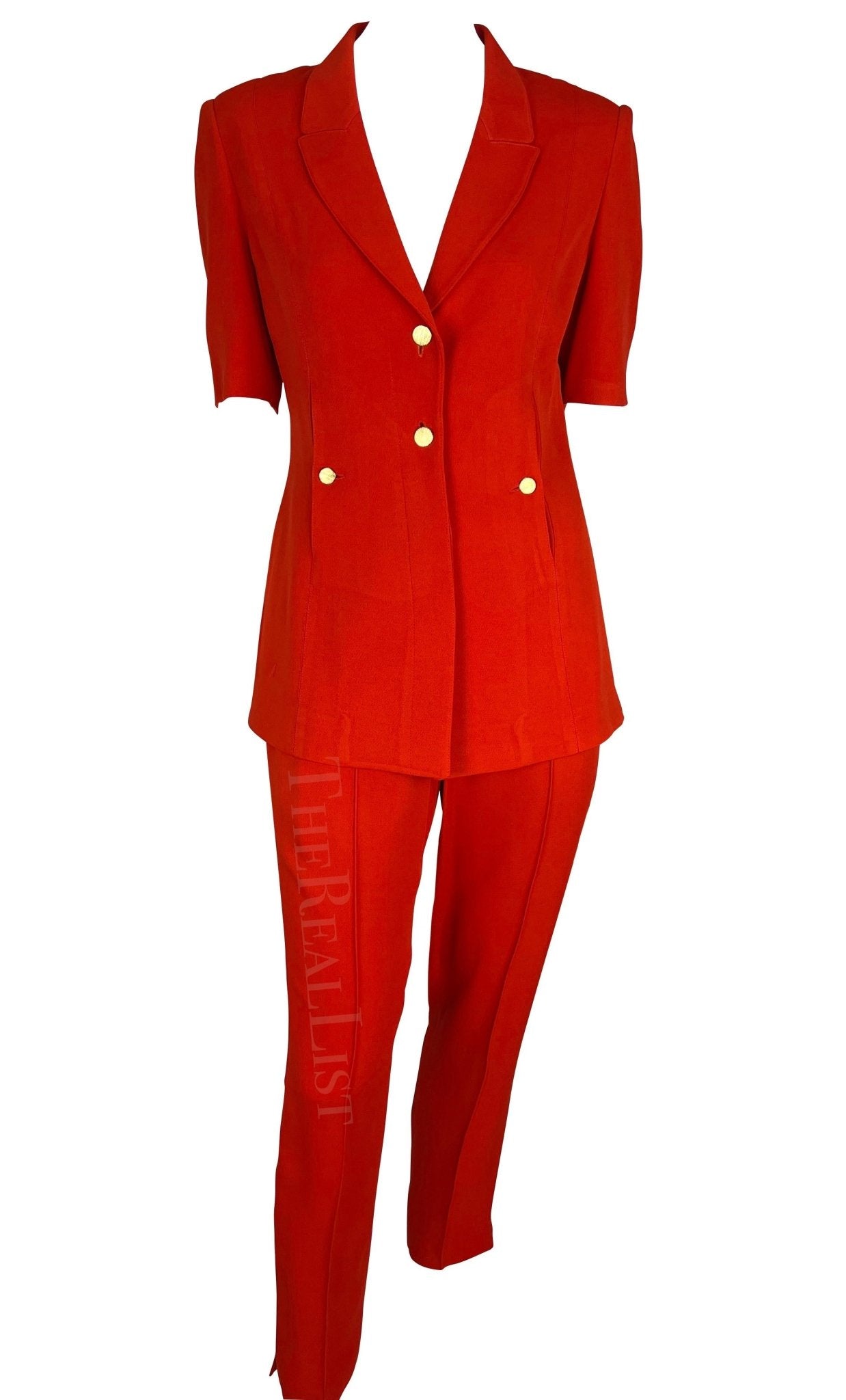 1990s Claude Montana Bright Red Belted Short Sleeve Pantsuit - RealList