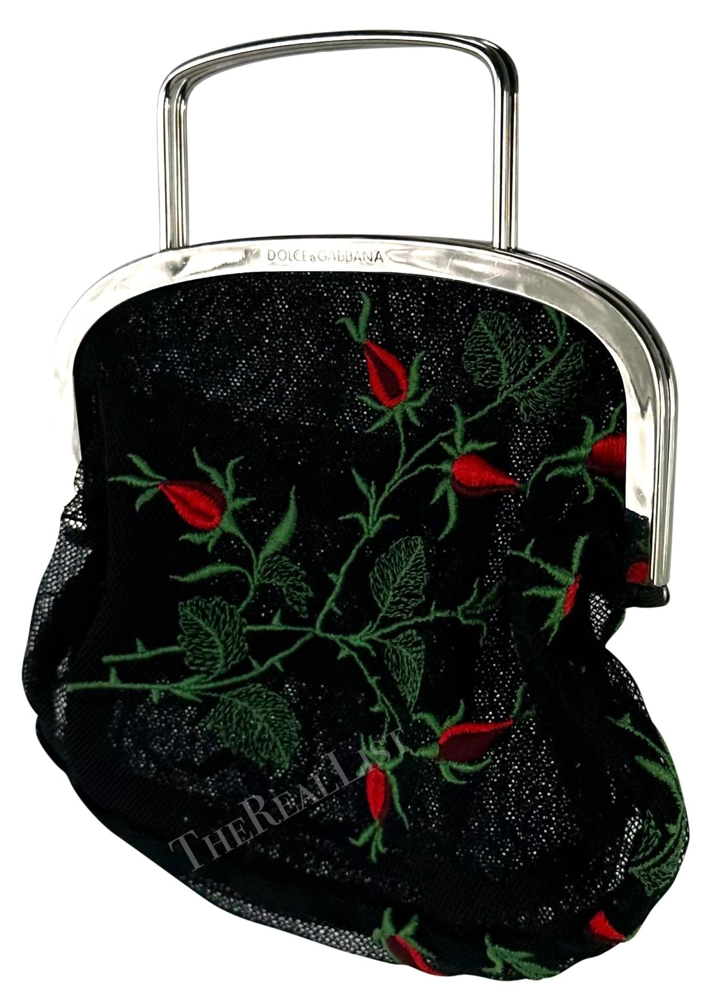 1990s Dolce & Gabbana Black Mesh Red Embroidered Floral Mini Evening Bag - RealList