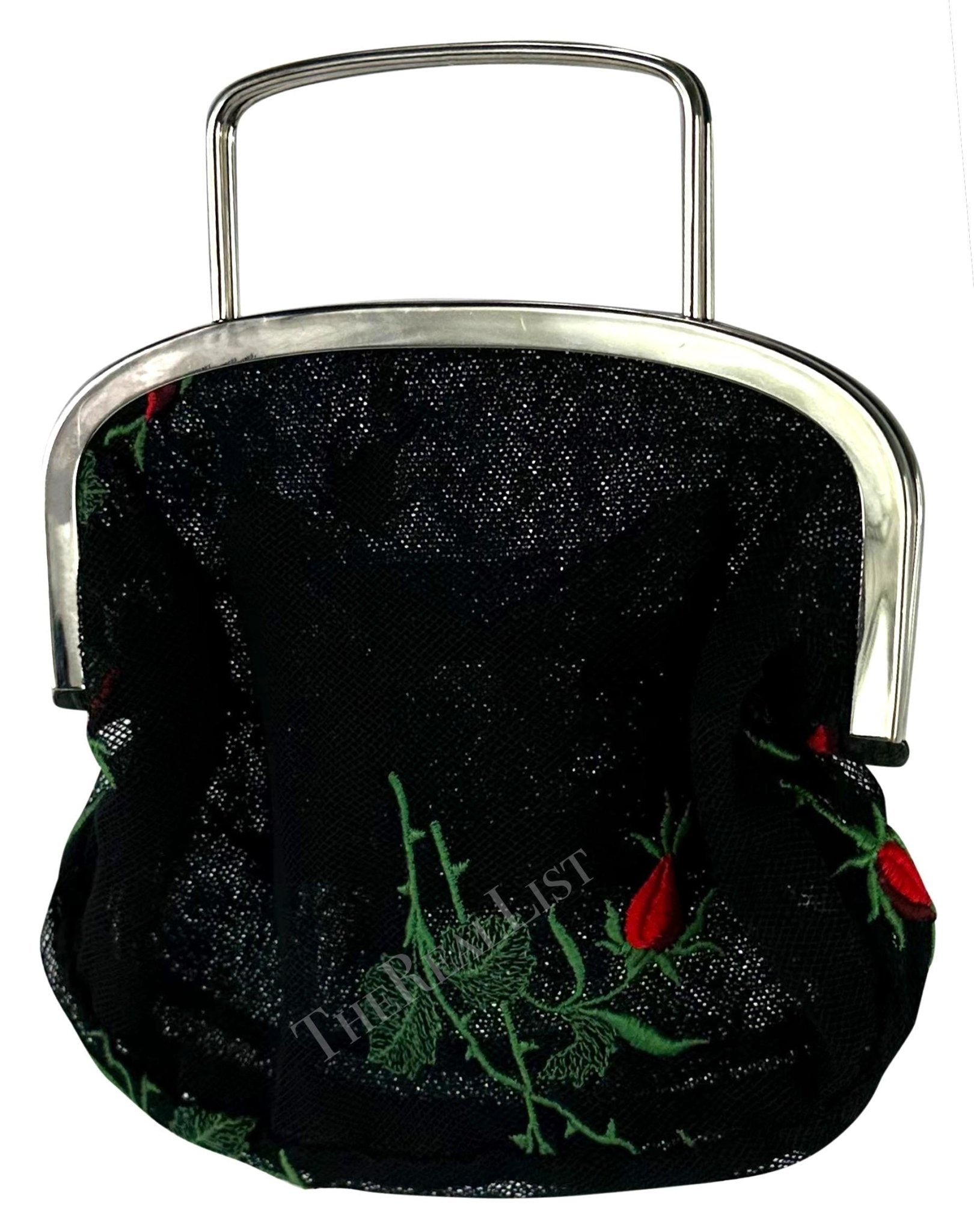 1990s Dolce & Gabbana Black Mesh Red Embroidered Floral Mini Evening Bag - RealList