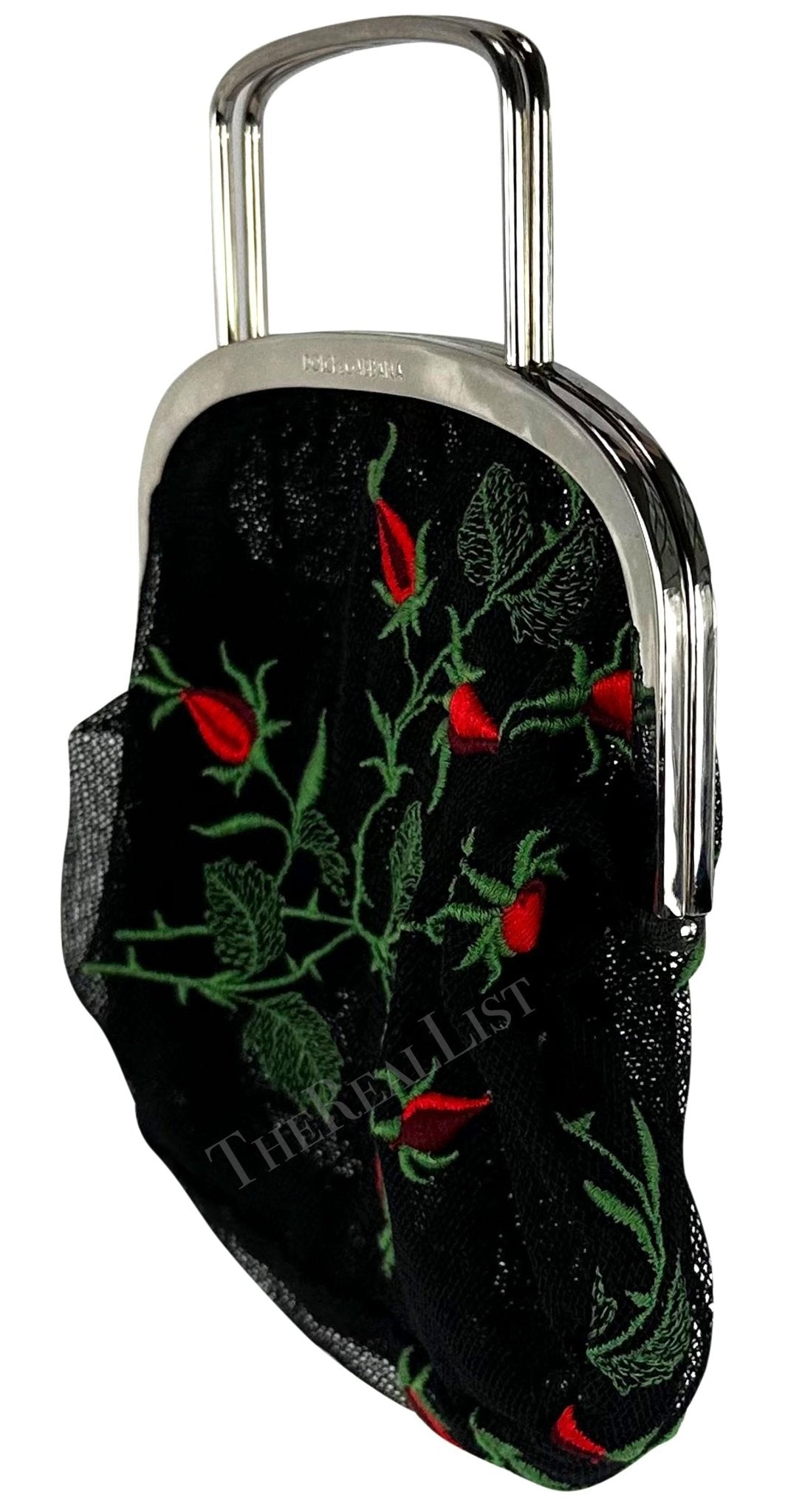 1990s Dolce & Gabbana Black Mesh Red Embroidered Floral Mini Evening Bag - RealList