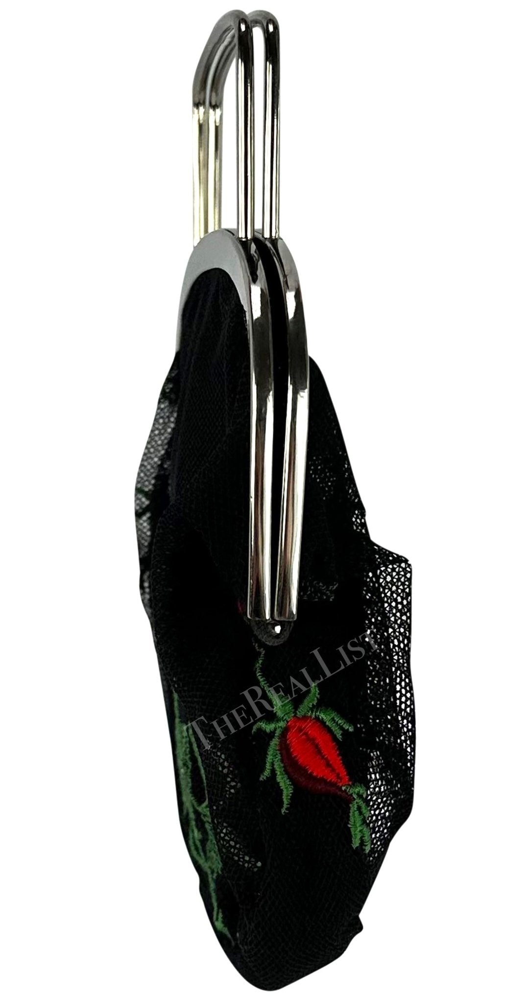 1990s Dolce & Gabbana Black Mesh Red Embroidered Floral Mini Evening Bag - RealList